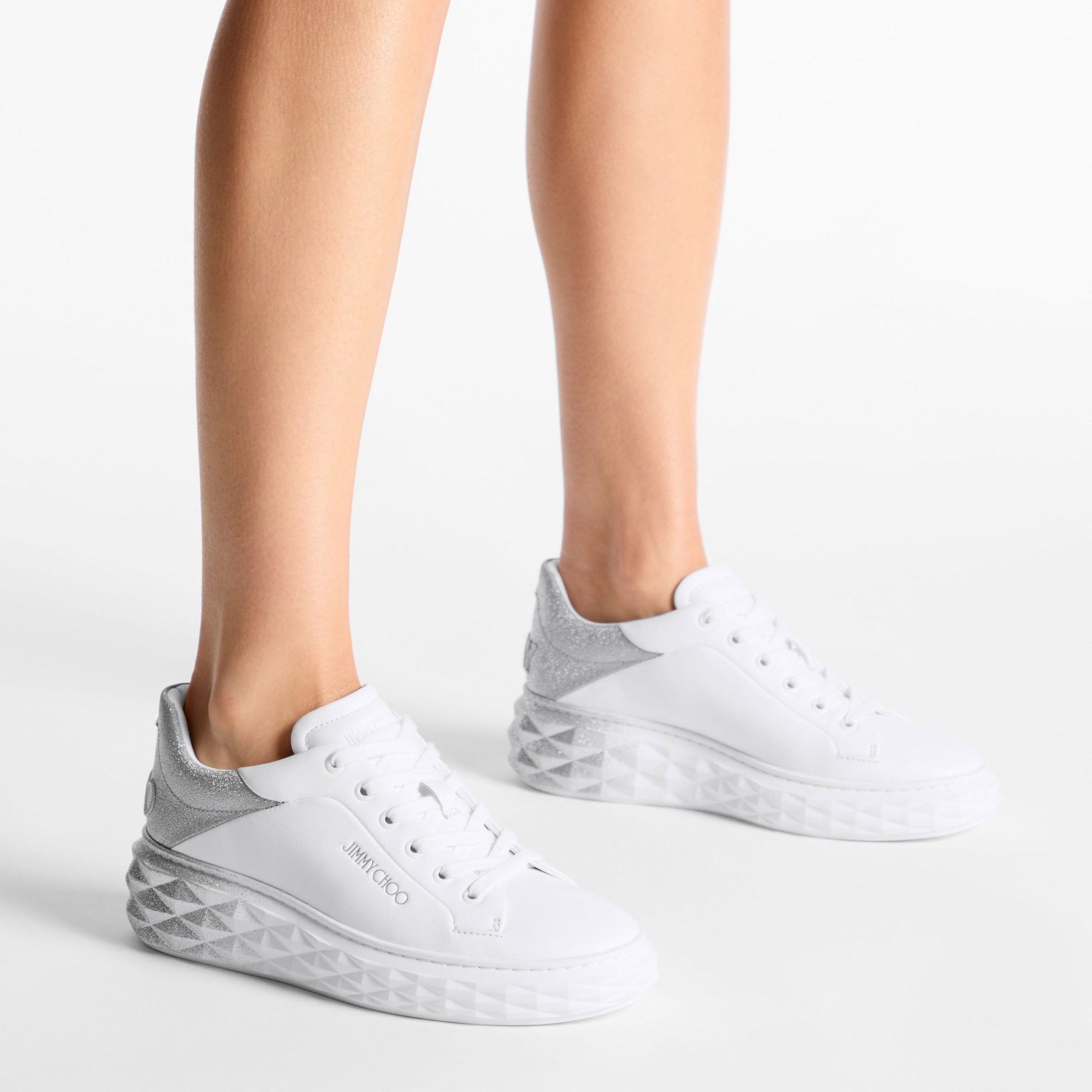 Diamond Maxi F II White Silver Nappa Leather Glitter Trainers JIMMY CHOO