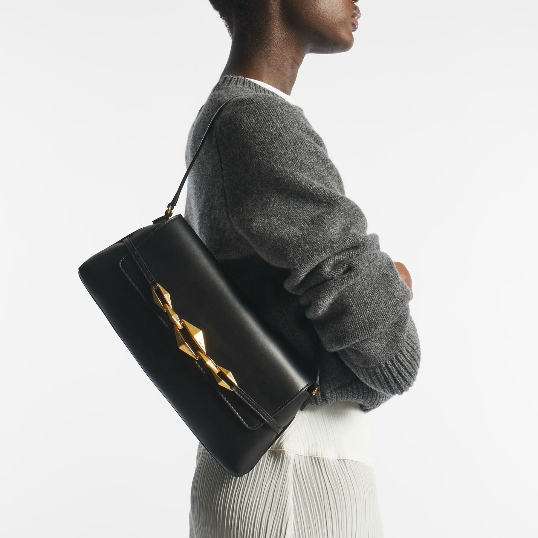 Diamond Shoulder Black Calf Leather Bag JIMMY CHOO