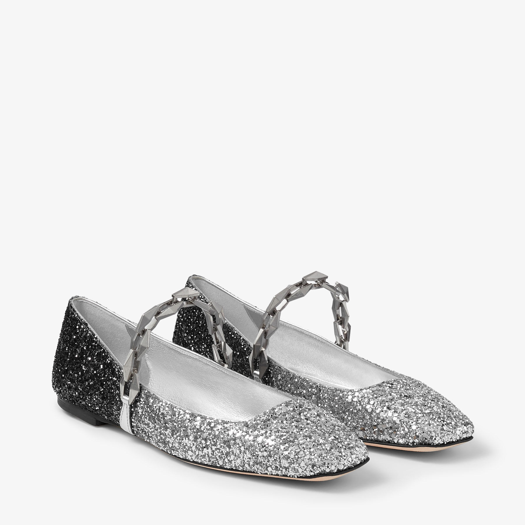Diamond Tilda Flat Silver Coarse Glitter Flats with Diamond Chain JIMMY CHOO