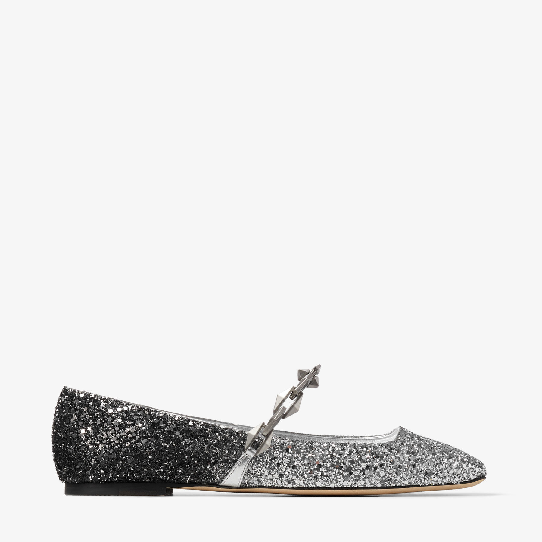 Diamond Tilda Flat Silver Coarse Glitter Flats with Diamond Chain JIMMY CHOO