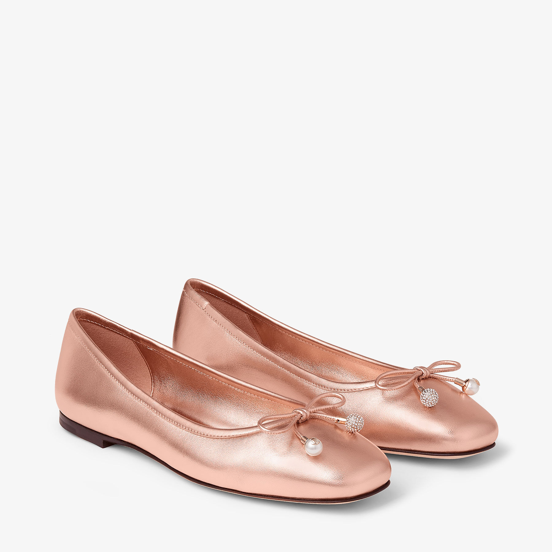 Elme Flat Ballet Pink Metallic Nappa Leather Flats with Pearl