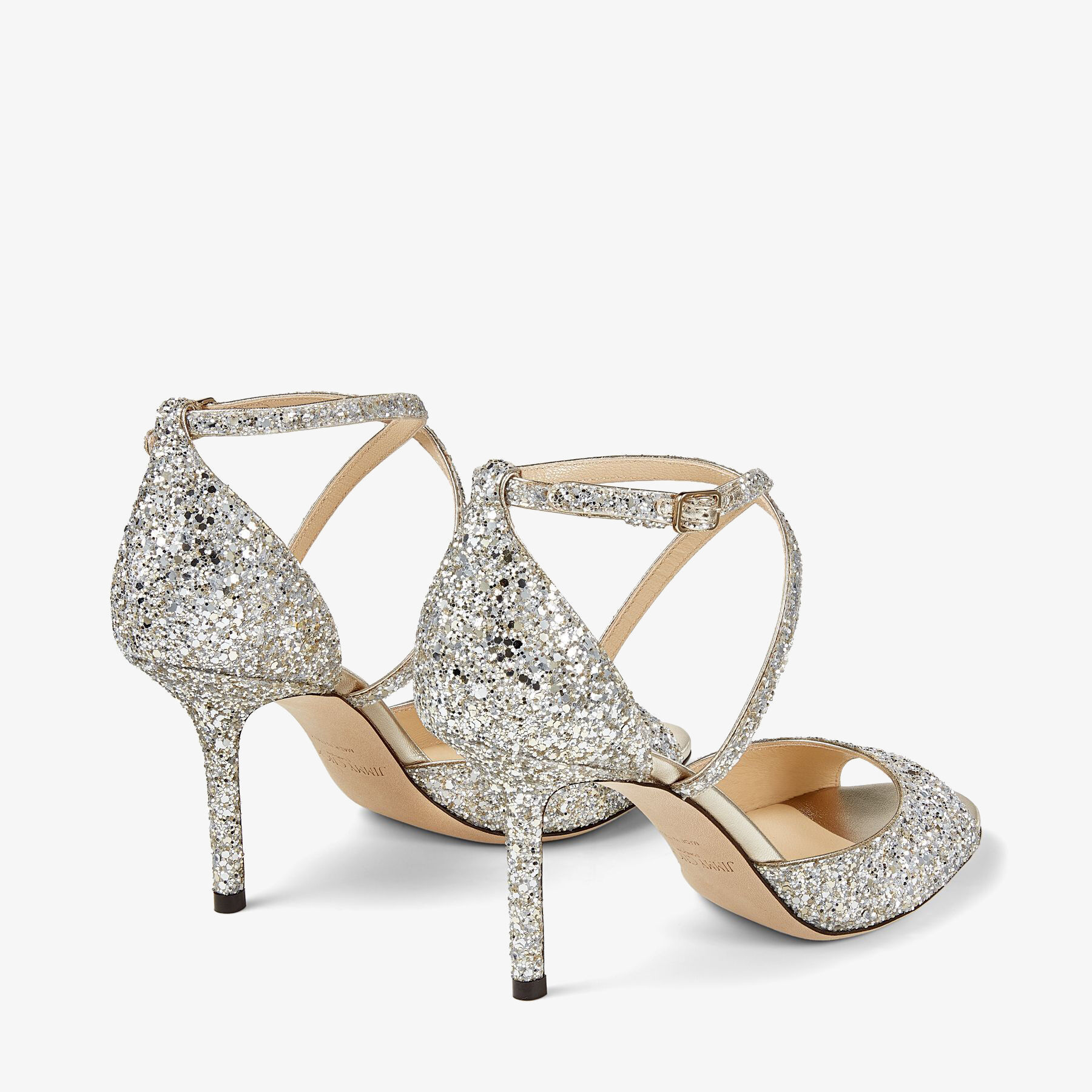 Champagne Coarse Glitter Fabric Sandals with Crossover Straps