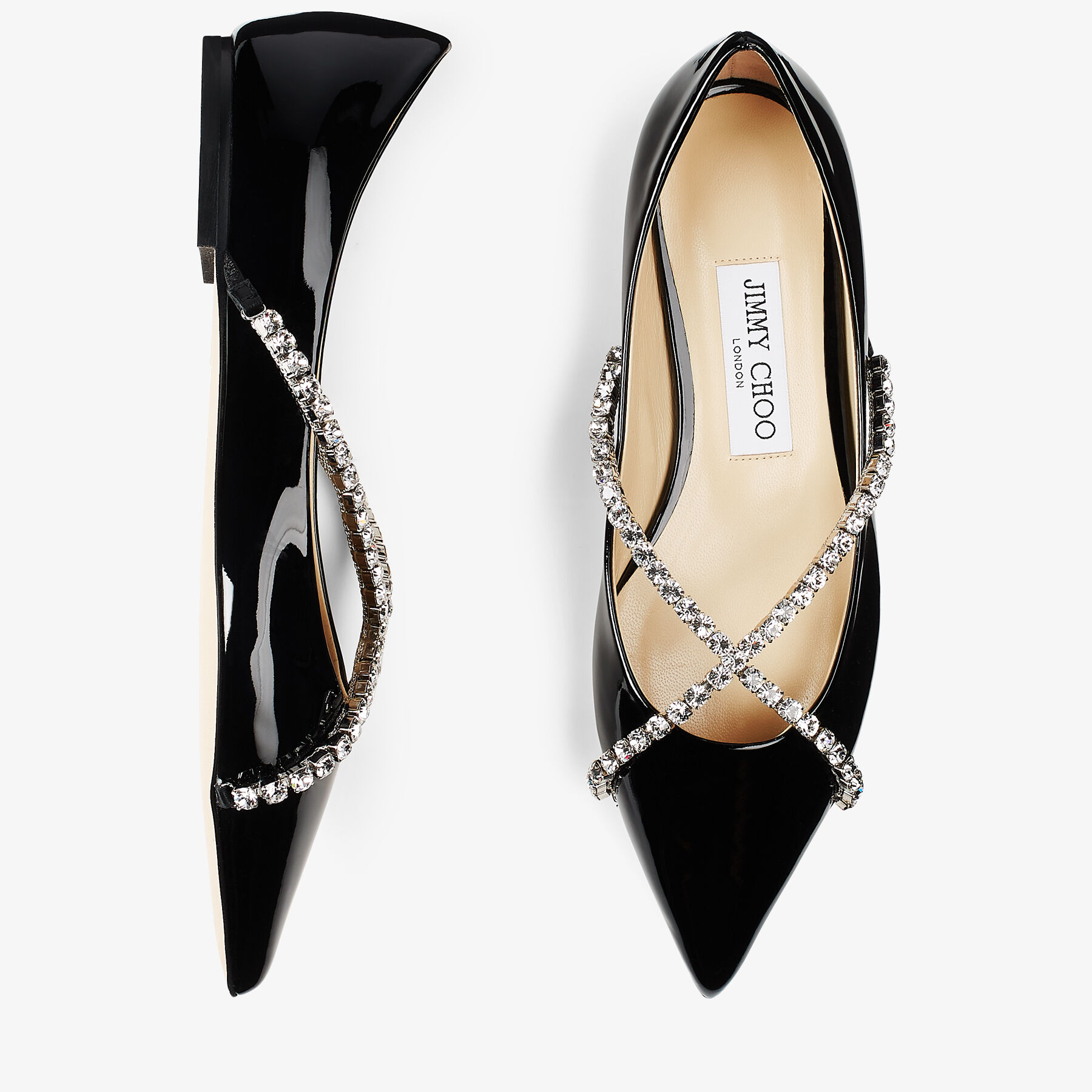 GENEVI FLAT Black Patent Leather Pointed Toe Flats with Crystal
