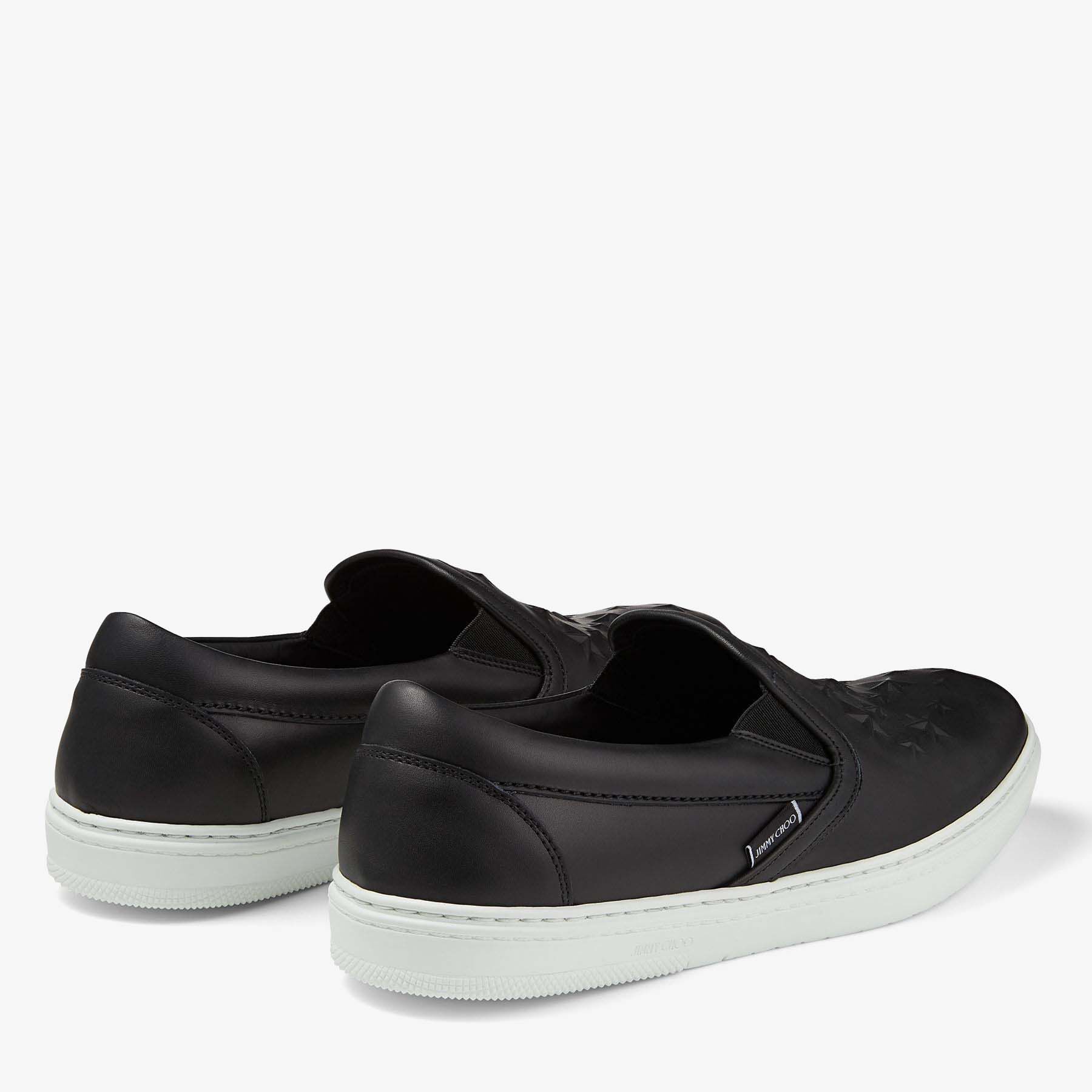 Black Sport Calf Leather Slip On Trainers with Embossed Stars