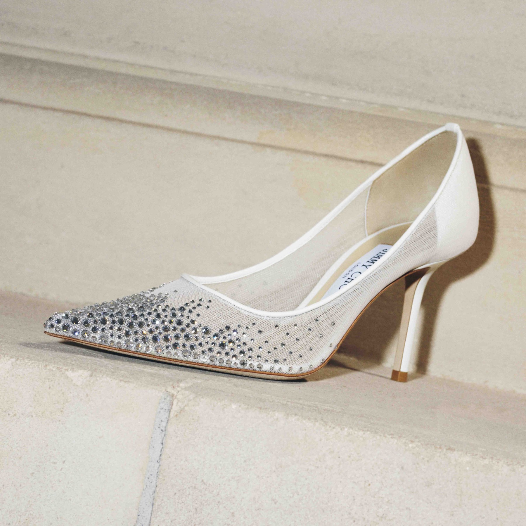 White Mesh Pointed-Toe Pumps with Dégradé Crystals | LOVE 85 