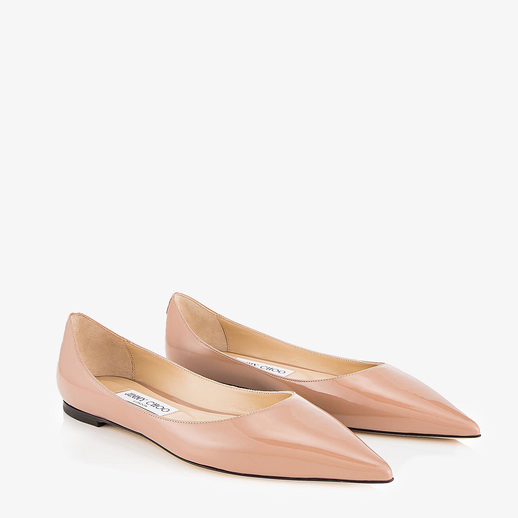 Ballet-Pink Patent Leather Pointed Flats with JC Emblem | LOVE