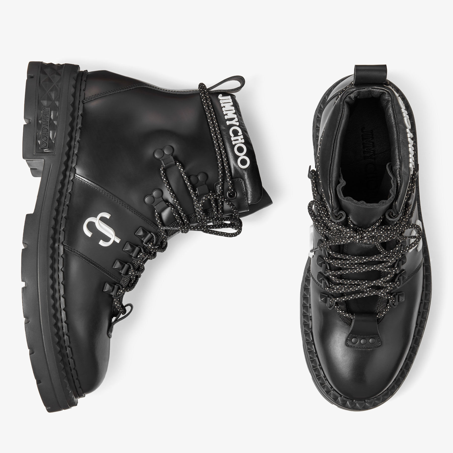 Jimmy Choo Marlow Hiking Boot Black Leather and JC Monogram Denim Hiking Boots - Denim/Black - 41.5