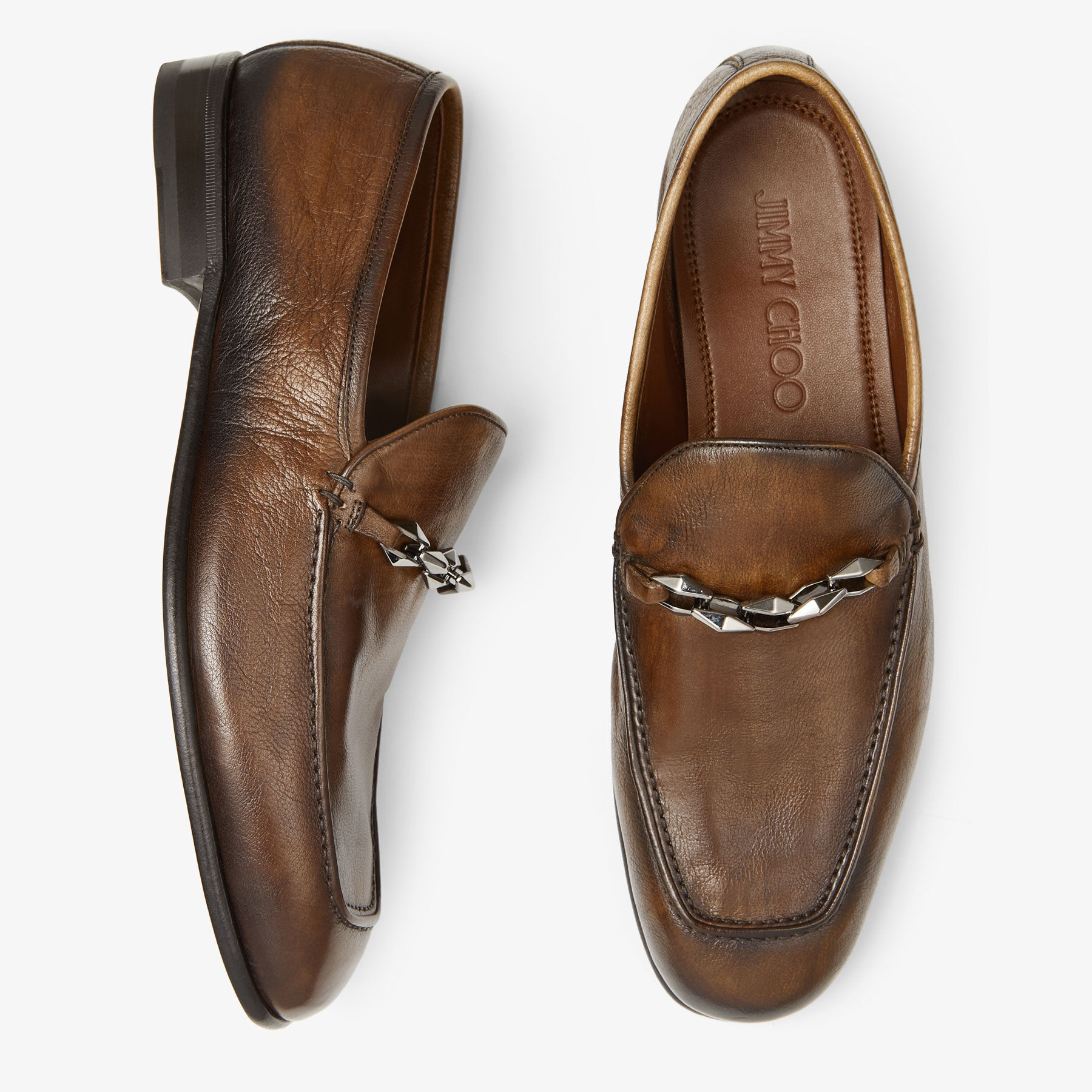 MARTI REVERSE | Dark Tan Buffalo Leather Loafers with Chain 