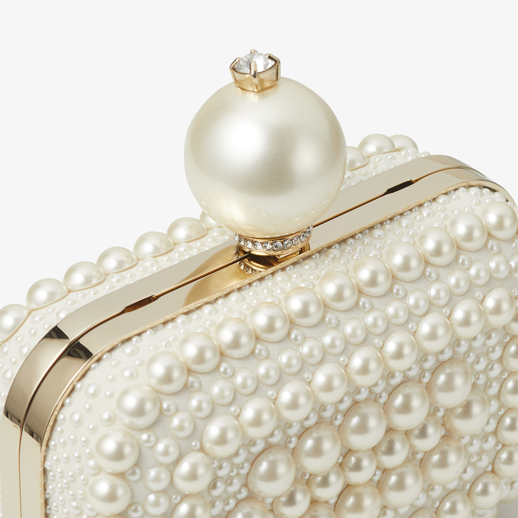 White Suede Clutch Bag with All Over Pearl Embellishment MICRO CLOUD High Summer 2021 JIMMY CHOO
