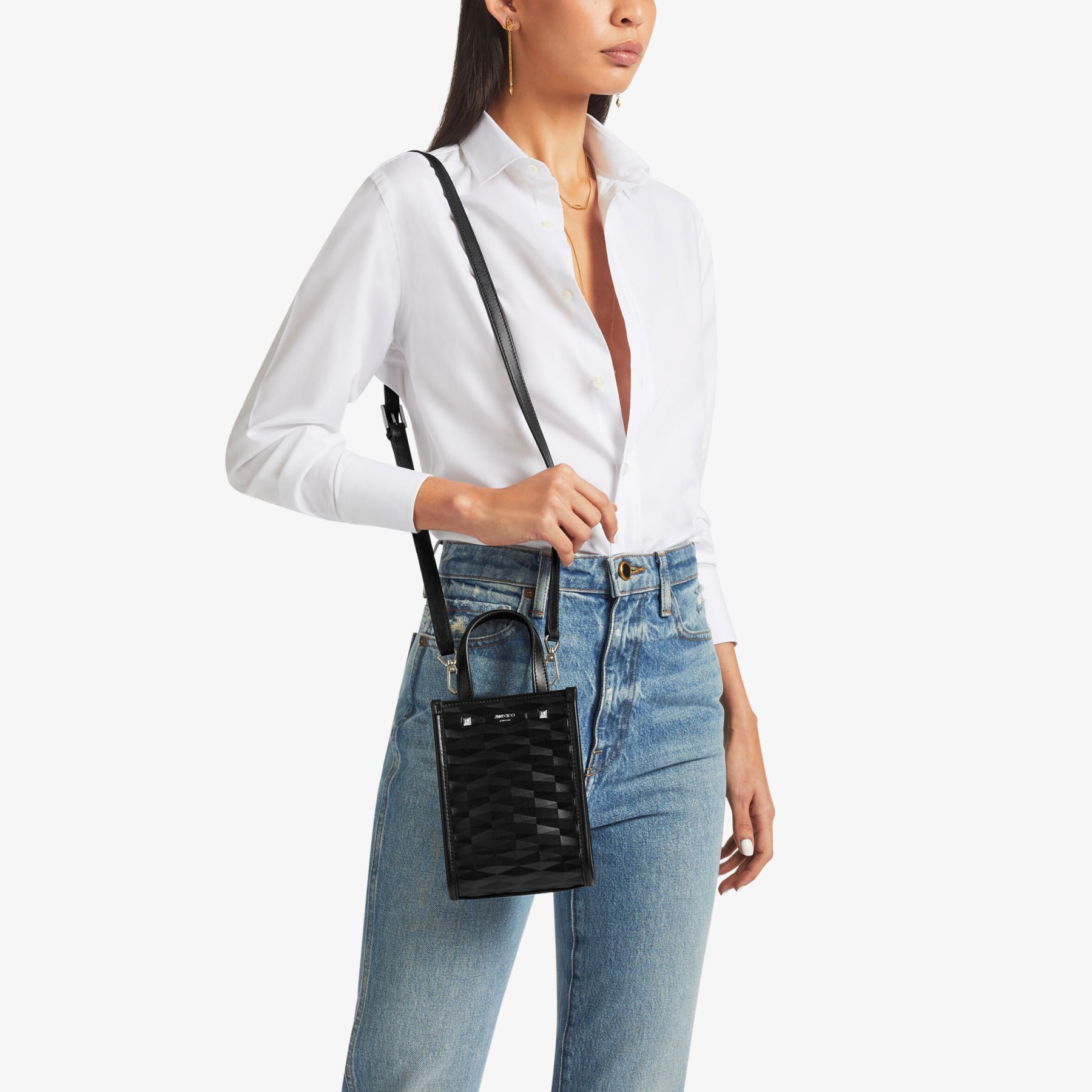 Mini N/S Tote | Black Diamond Embossed 3D Leather Mini Tote Bag | New ...
