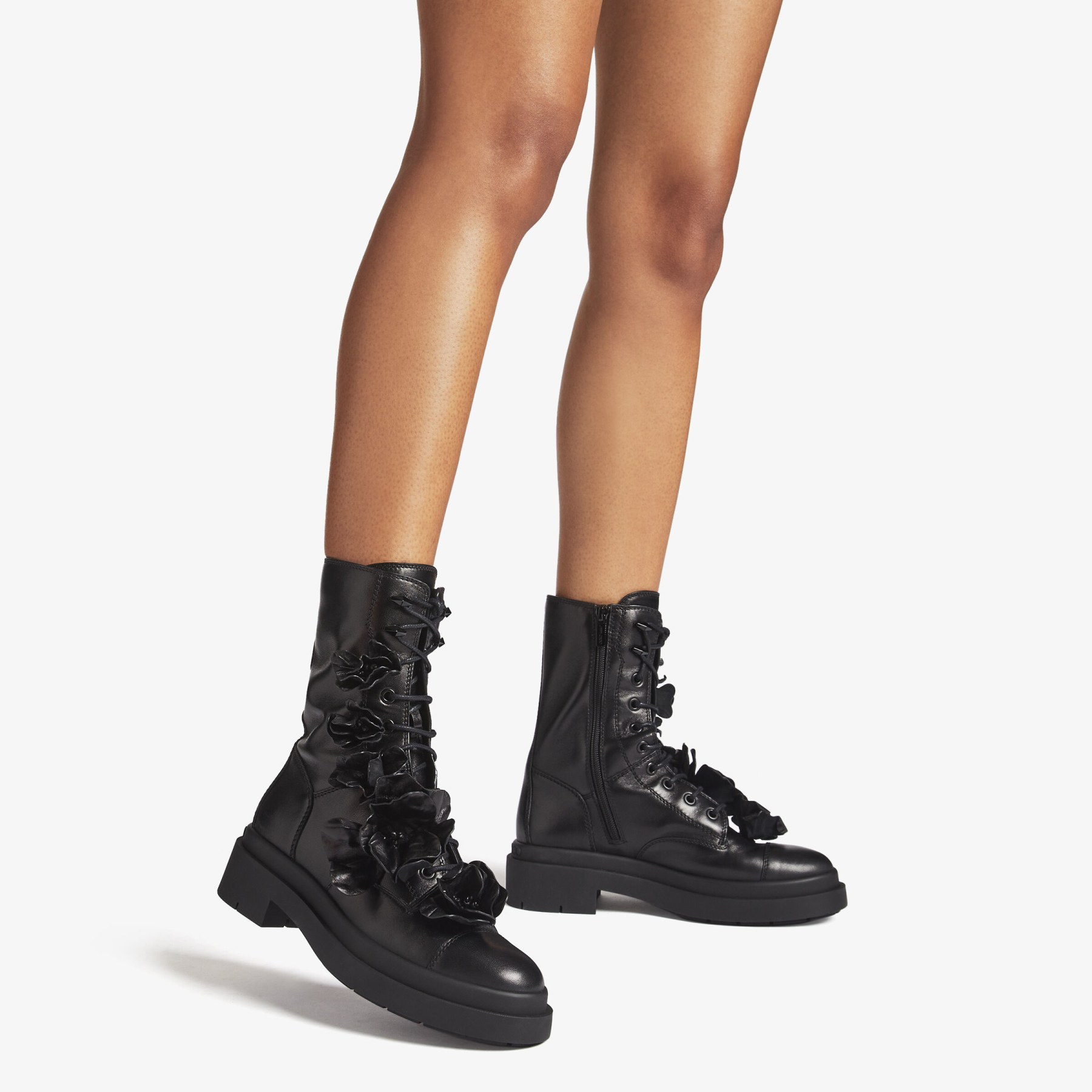 NARI FLOWERS FLAT Black Nappa Leather Ankle Boots with Flowers