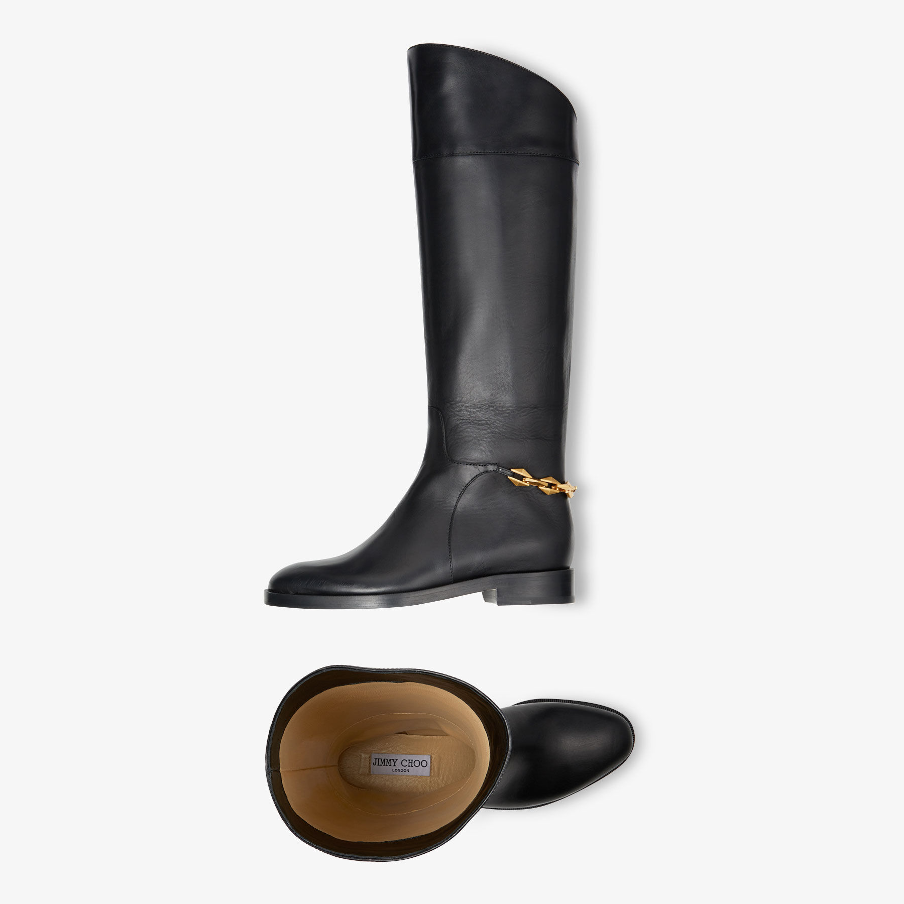NELL KB FLAT Black Soft Vachetta Knee High Boots with Chain Autumn Collection JIMMY CHOO