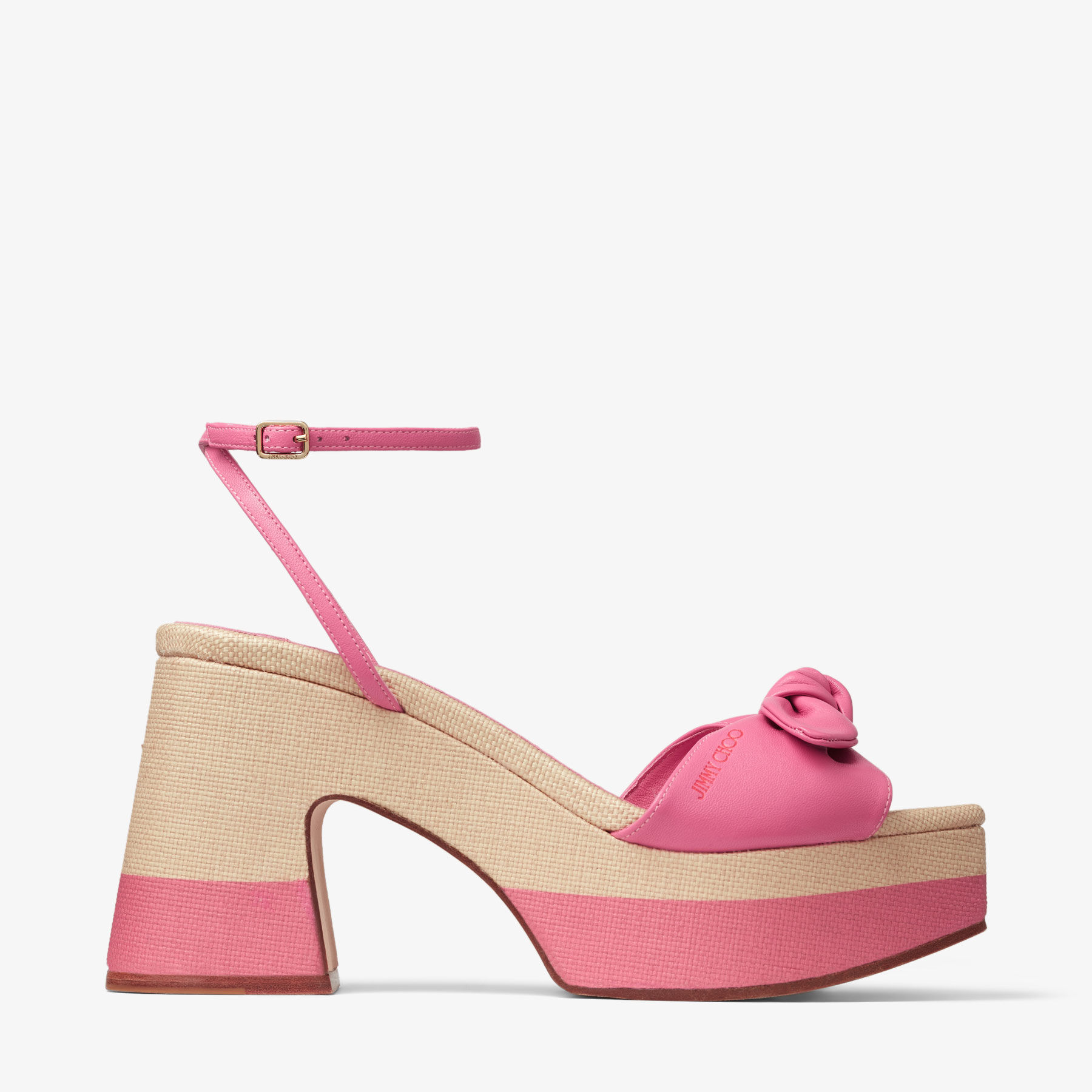 Ricia 95 Sandali con plateau in pelle e rafia color rosa confetto naturale JIMMY CHOO