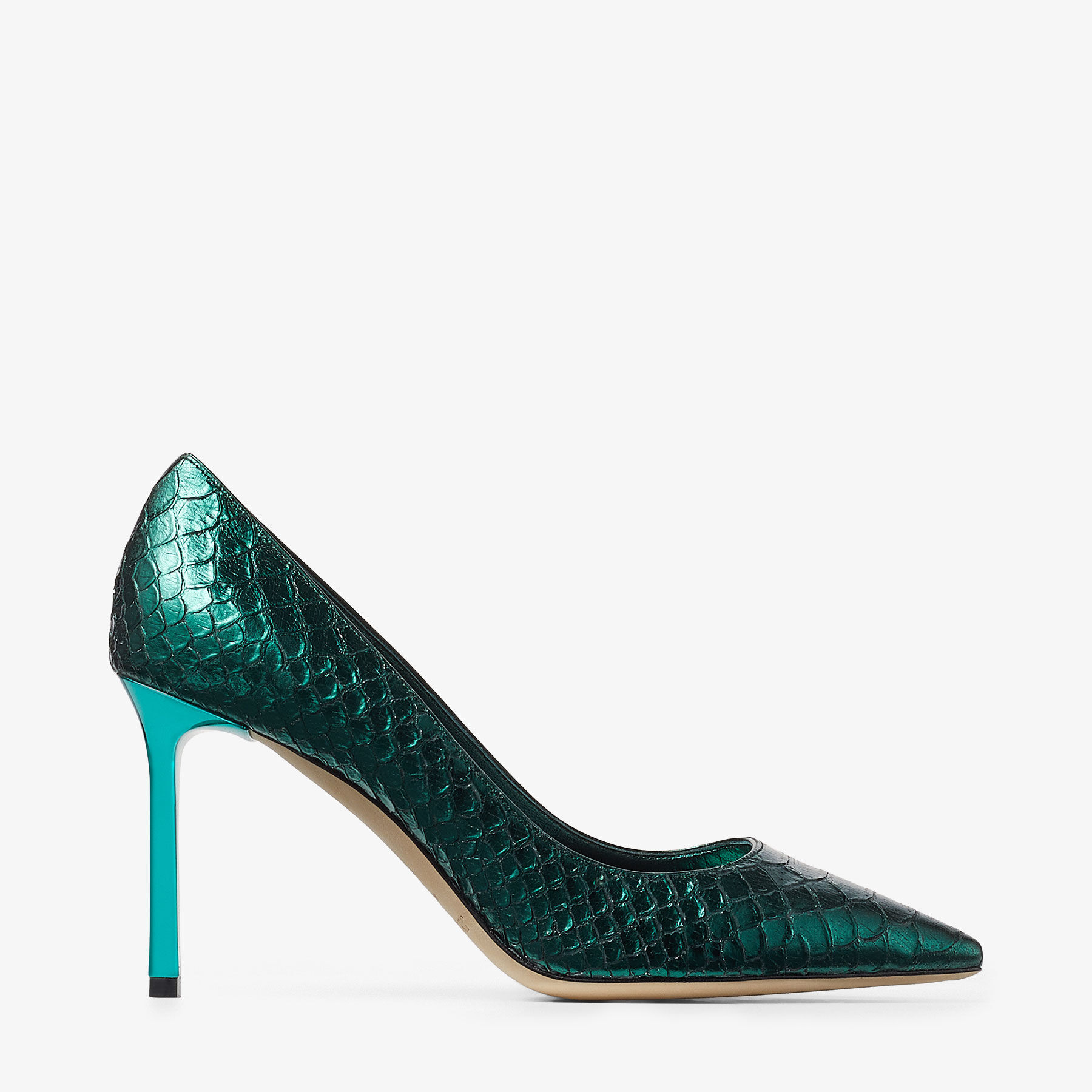Romy 85 | Dark Green Metallic Snake Printed Leather Pumps | JIMMY CHOO