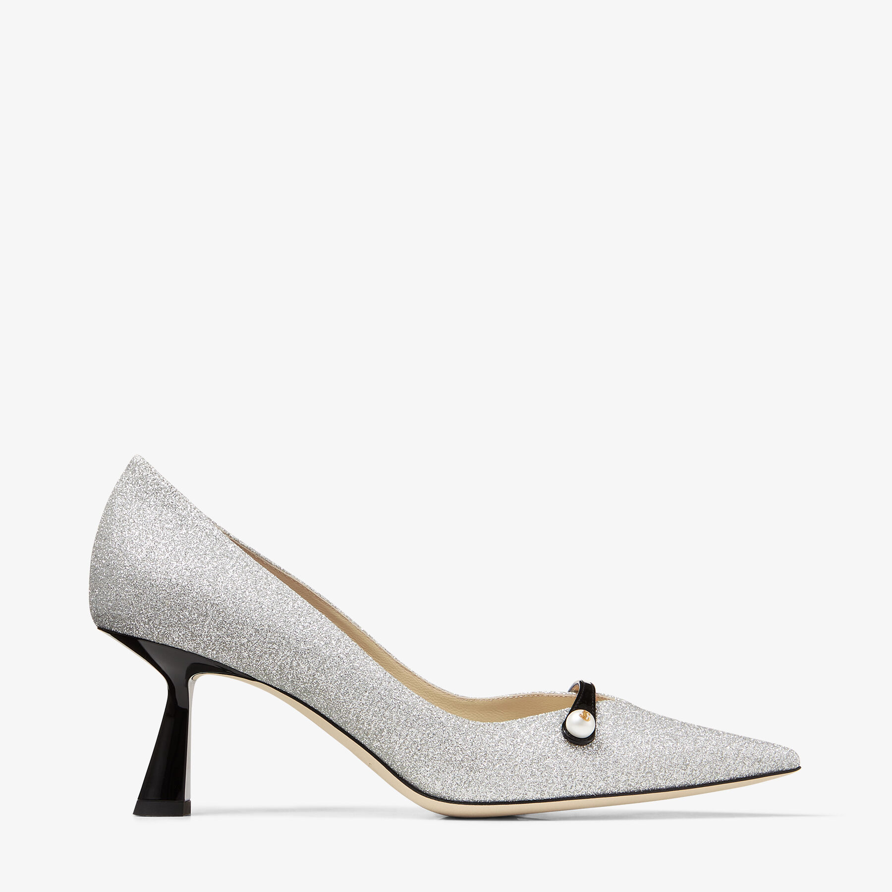 Silver Fine Glitter and Black Patent Pumps with Pearl Detail