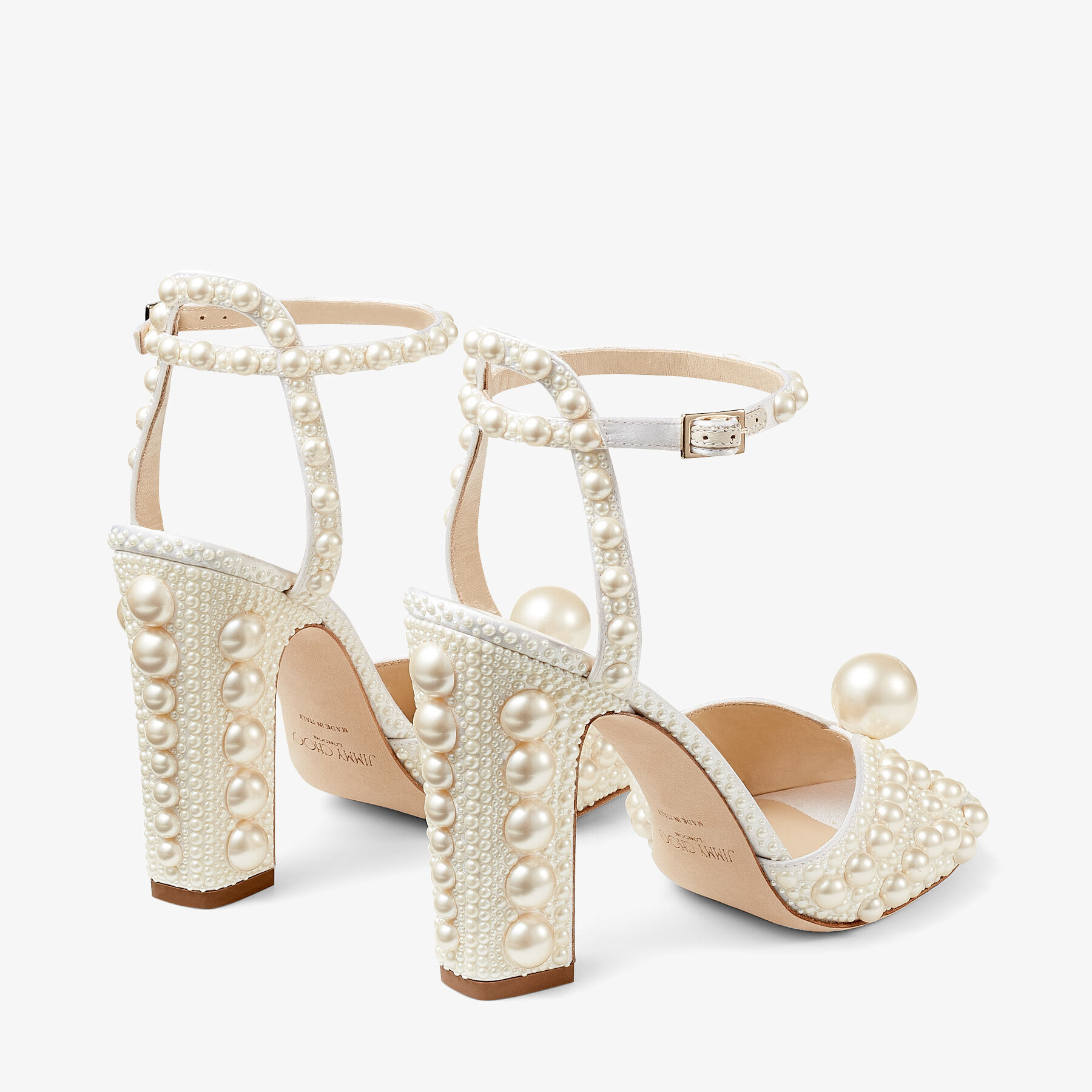 White Satin Sandals with All Over Pearl Embellishment SACARIA