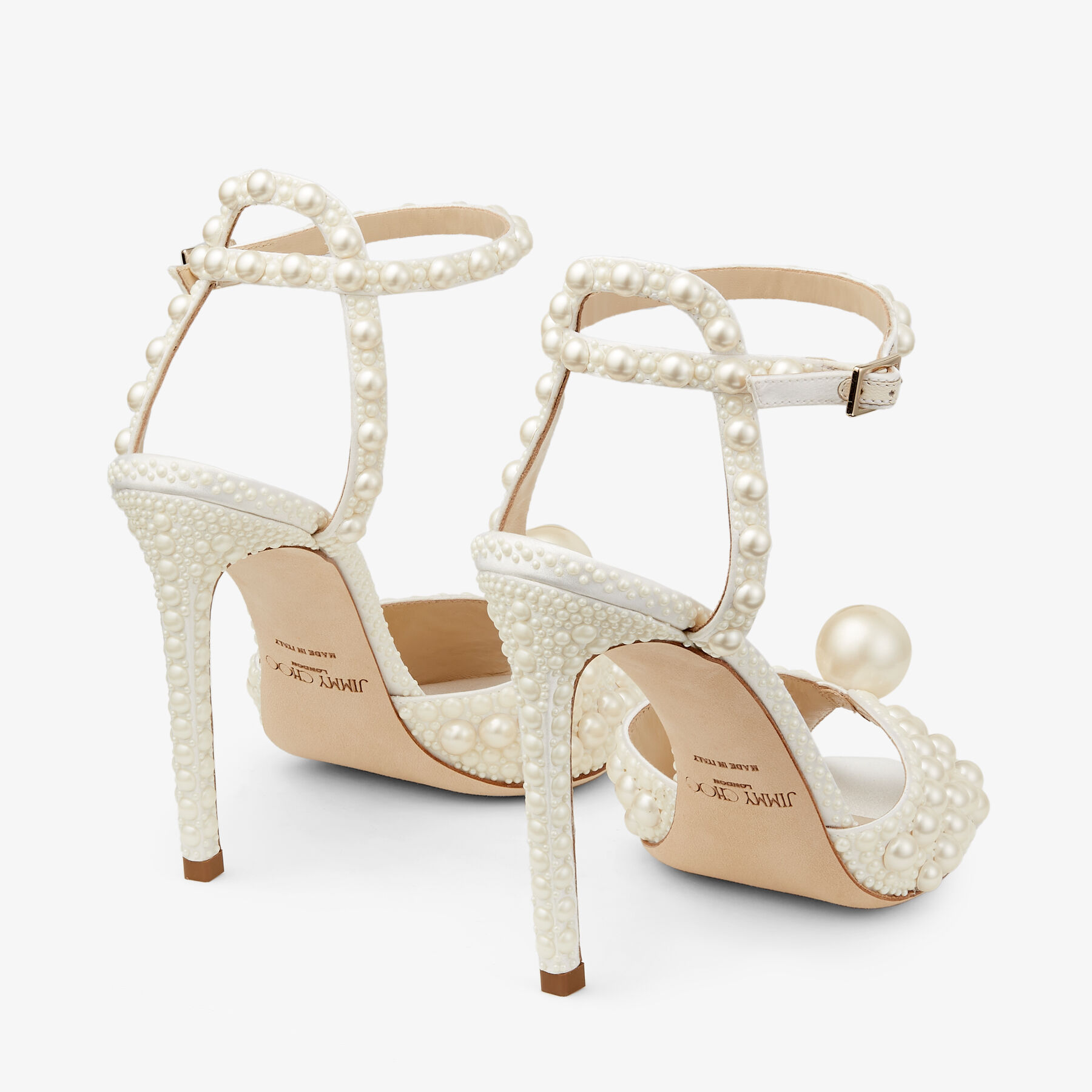 White Satin Sandals with All Over Pearls SACORA 100 Autumn Winter 18 JIMMY CHOO