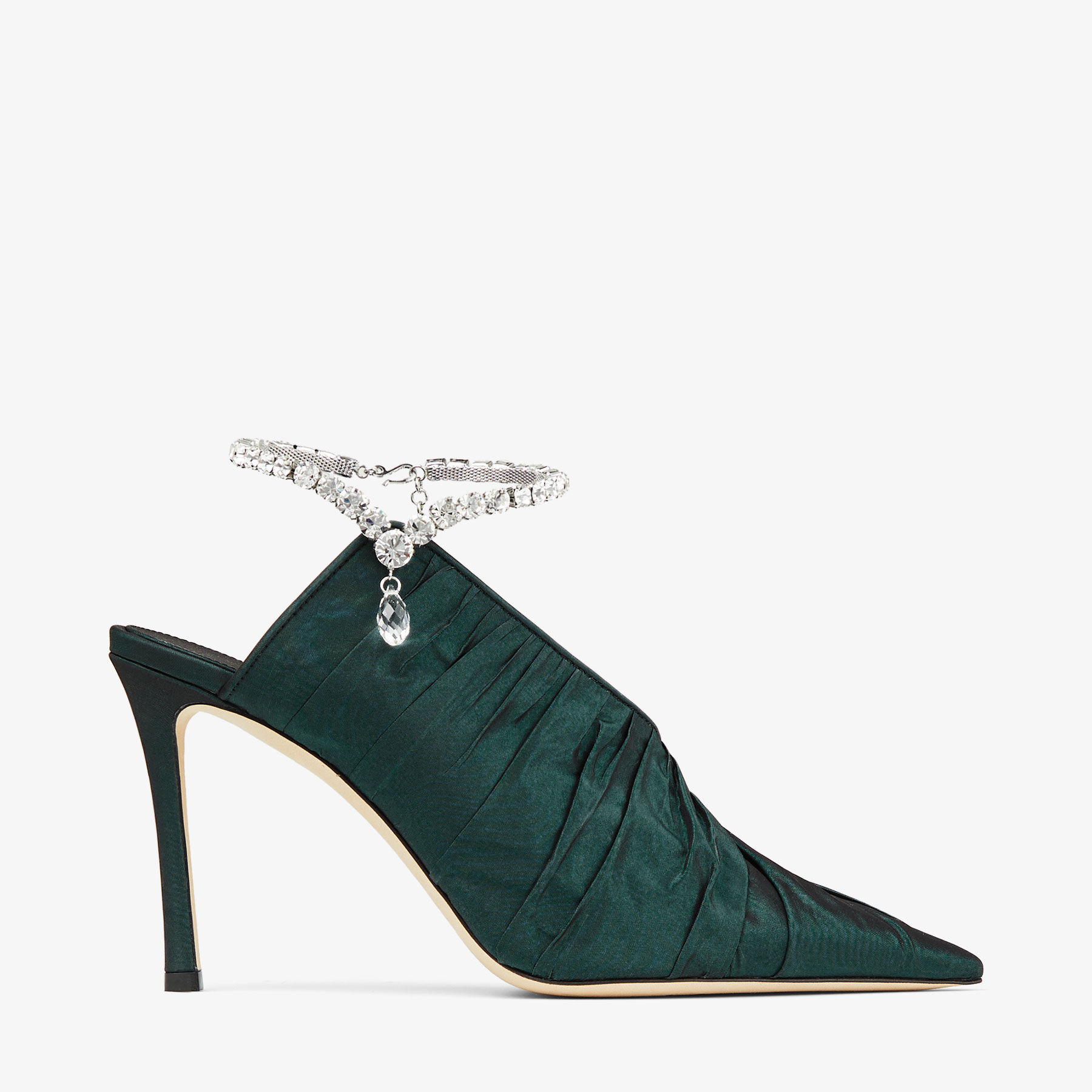 SADIA 95 Dark Green Taffeta Pumps with Crystal Anklet New
