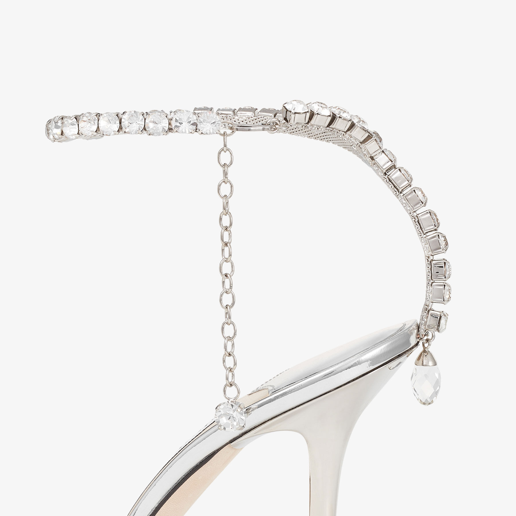 SAEDA SANDAL 100 Silver Liquid Metal Sandals with Crystal Chain New Collection JIMMY CHOO