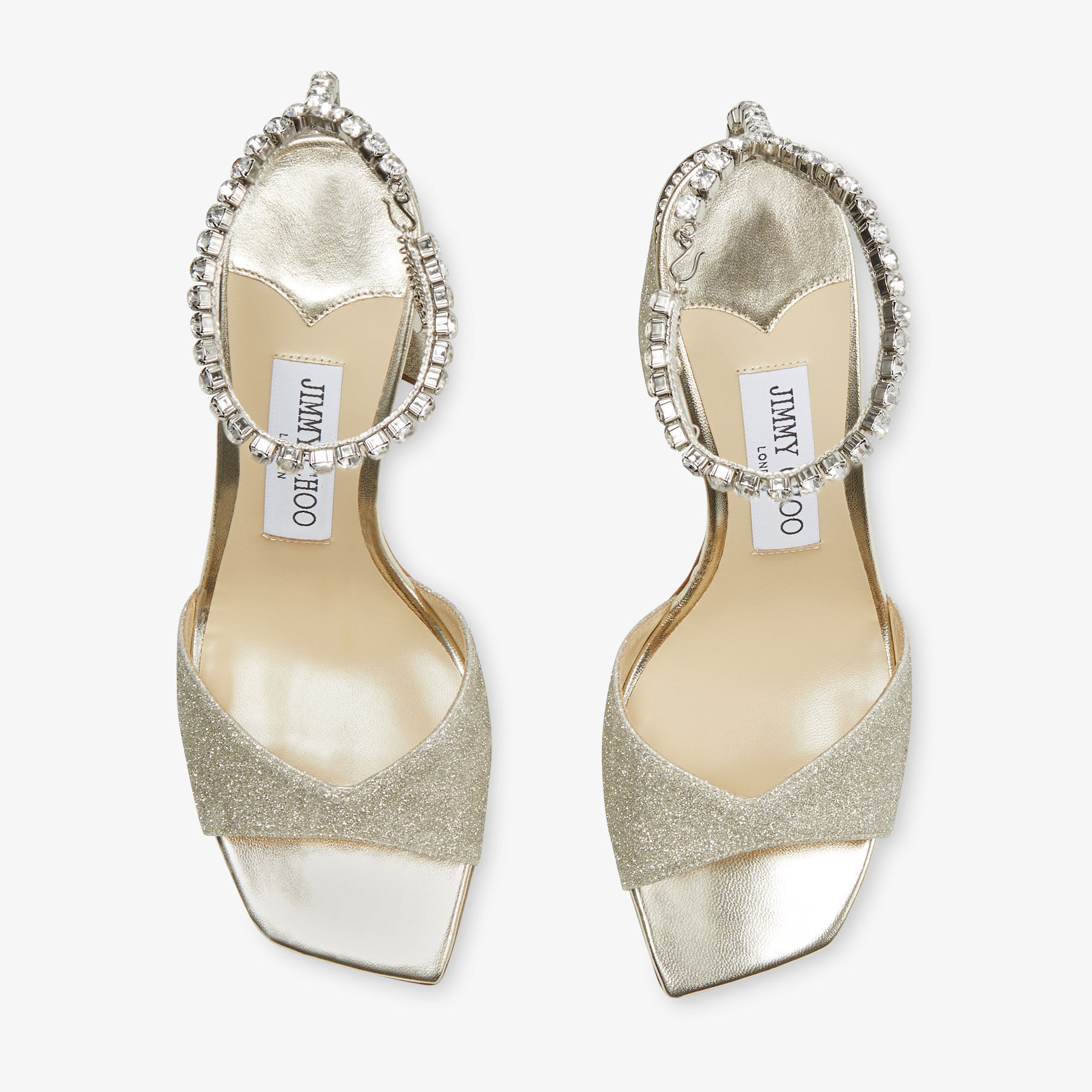 Saeda Sandal 85 Platinum Ice Glitter Sandals with Crystal Chain JIMMY CHOO