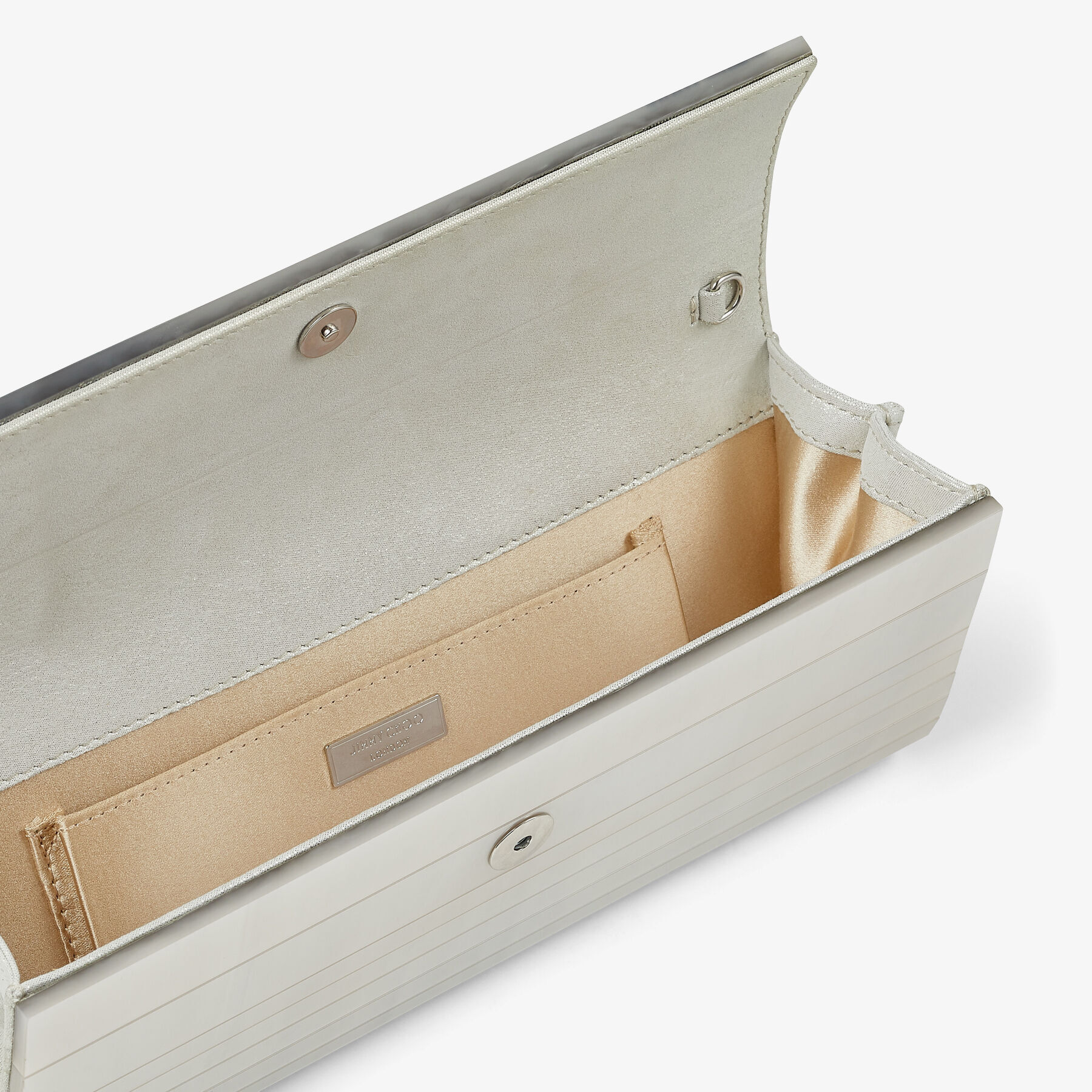 Ivory Mother of Pearl Clutch Bag with Silver Chain Strap SWEETIE Autumn Winter 2020 JIMMY CHOO