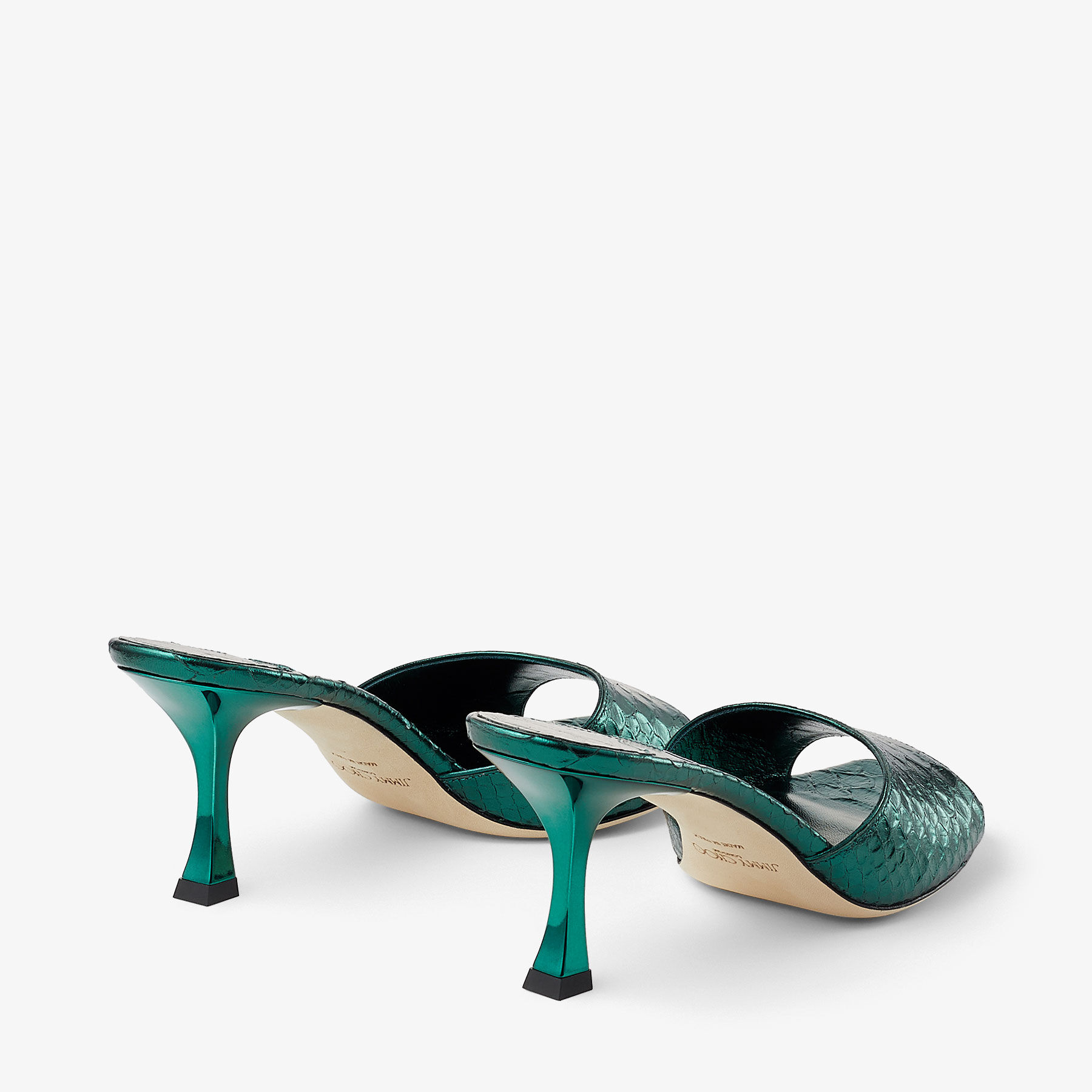 VAL 70 Dark Green Metallic Snake Printed Leather Mule Sandals New Collection JIMMY CHOO