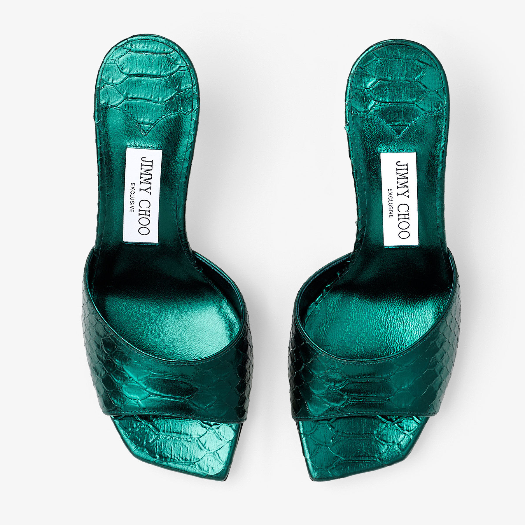 VAL 70 Dark Green Metallic Snake Printed Leather Mule Sandals New Collection JIMMY CHOO