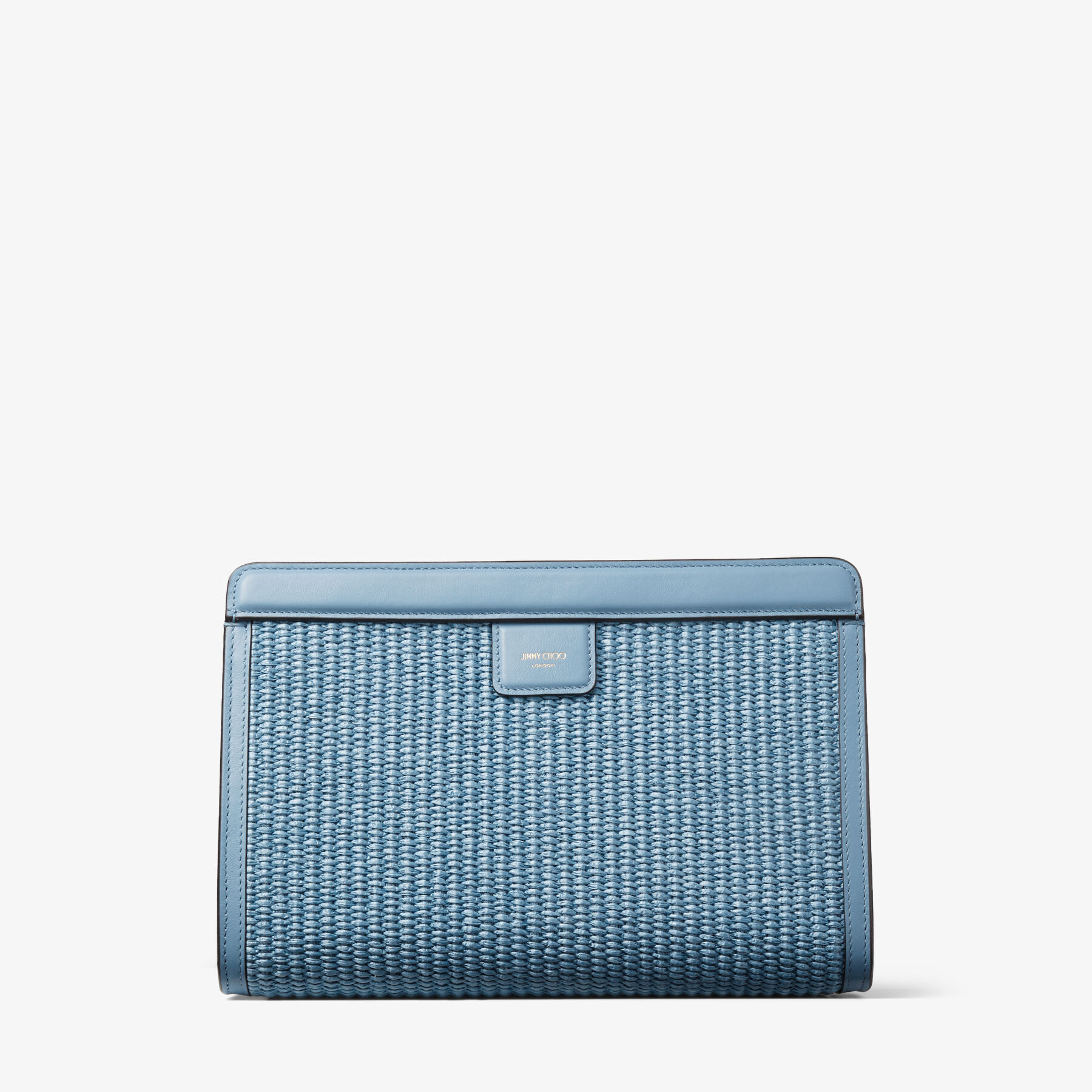 Smoky Blue Raffia and Smooth Leather Pouch with Jimmy Choo