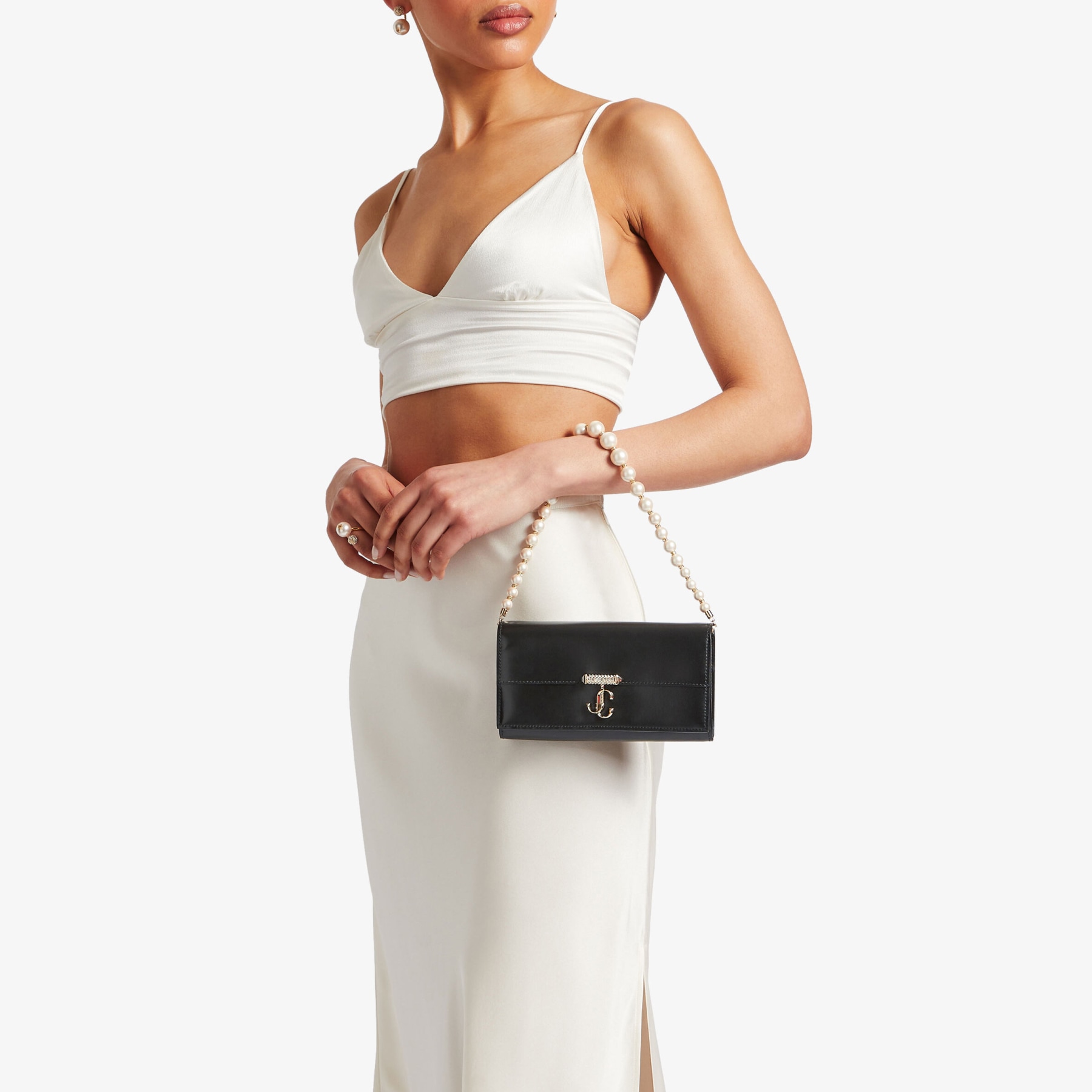 AVENUE WALLET CHAIN Black Leather Wallet with Pearl Strap Summer Collection JIMMY CHOO