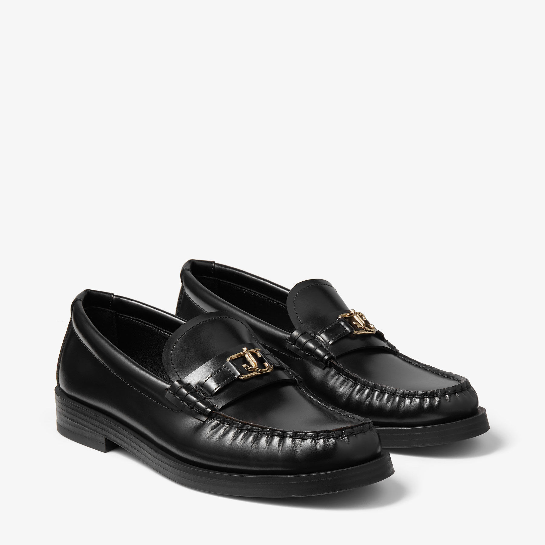 Addie/JC | Black Box Calf Leather Flat Loafers with JC Emblem 