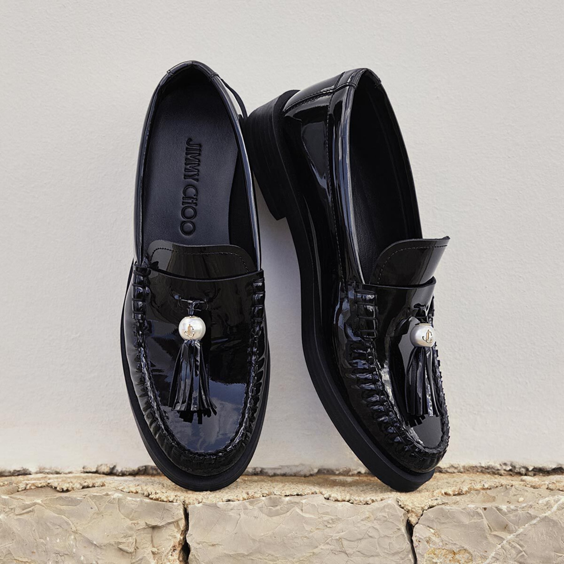 Addie/Pearl | Black Patent Leather Flat Loafers with Pearl Tassel 