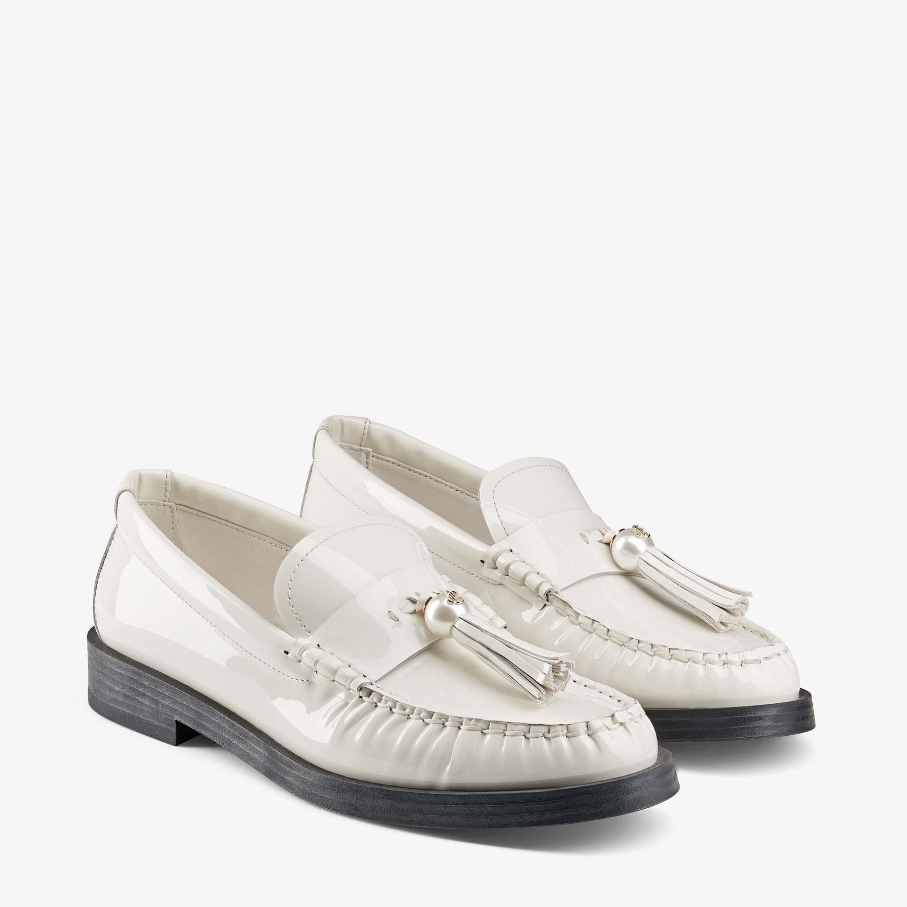Addie/Pearl | Latte Patent Leather Flat Loafers with Pearl Tassel | JIMMY  CHOO