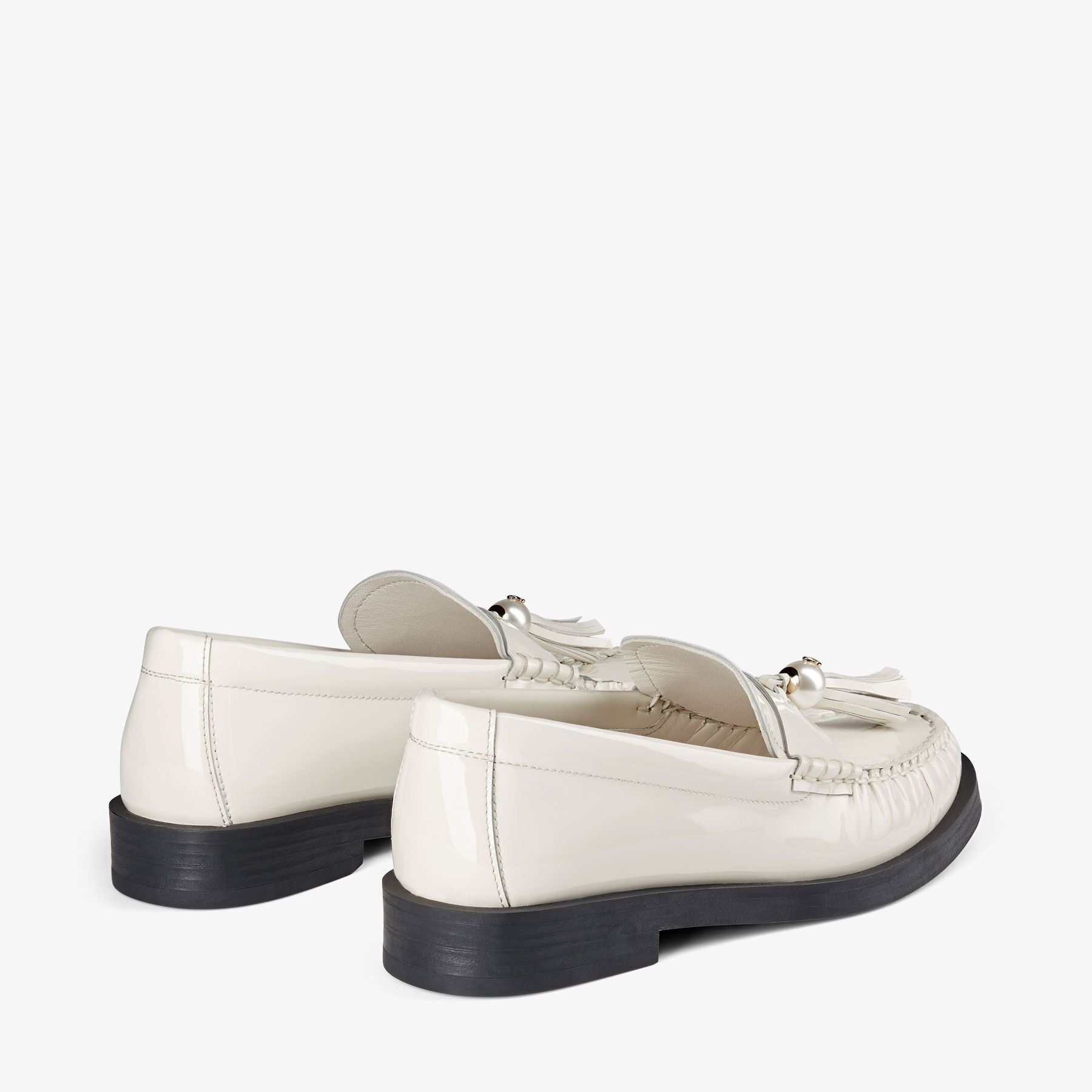 Addie/Pearl | Latte Patent Leather Flat Loafers with Pearl Tassel 