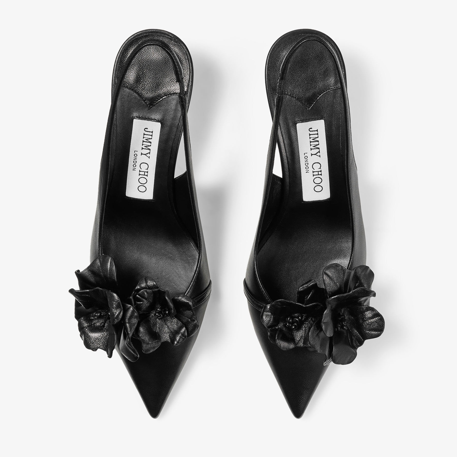 AMITA/FLOWERS 45 | Black Nappa Leather Sling Back Pumps with Flowers ...