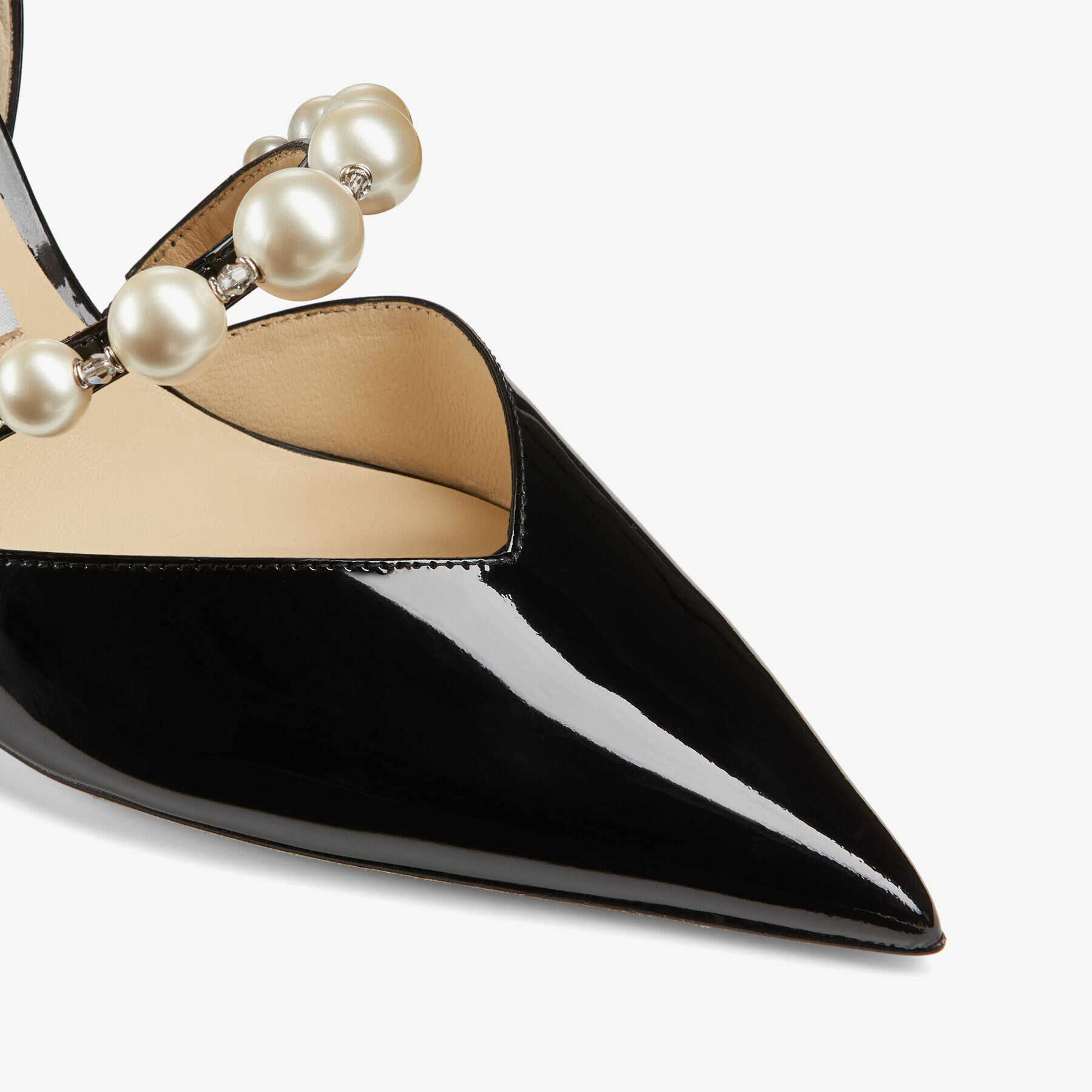 Black Patent Leather Pointed Pumps with Pearl Embellishment 