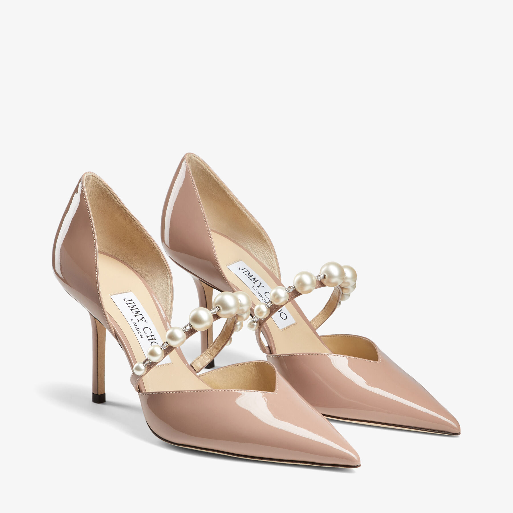 Ballet Pink Patent Leather Pointed Pumps with Pearl Embellishment 
