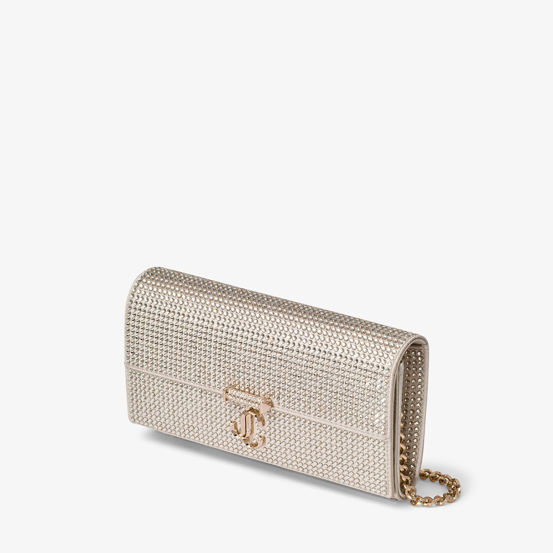 AVENUE WALLET W CHAIN Champagne Crystal Satin Wallet with Chain New Collection JIMMY CHOO US