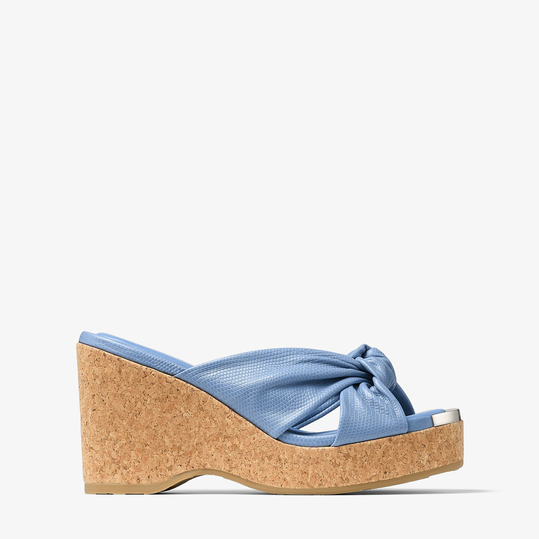 JIMMY CHOO Avenue Wedge 110 Denim Lizard Print Wedge Mules Denim 37.5
