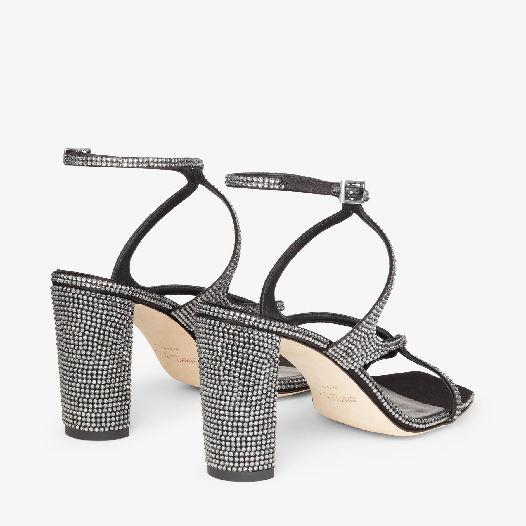 Azie 85|Black/Smoke Satin Crystal Sandals| JIMMY CHOO US