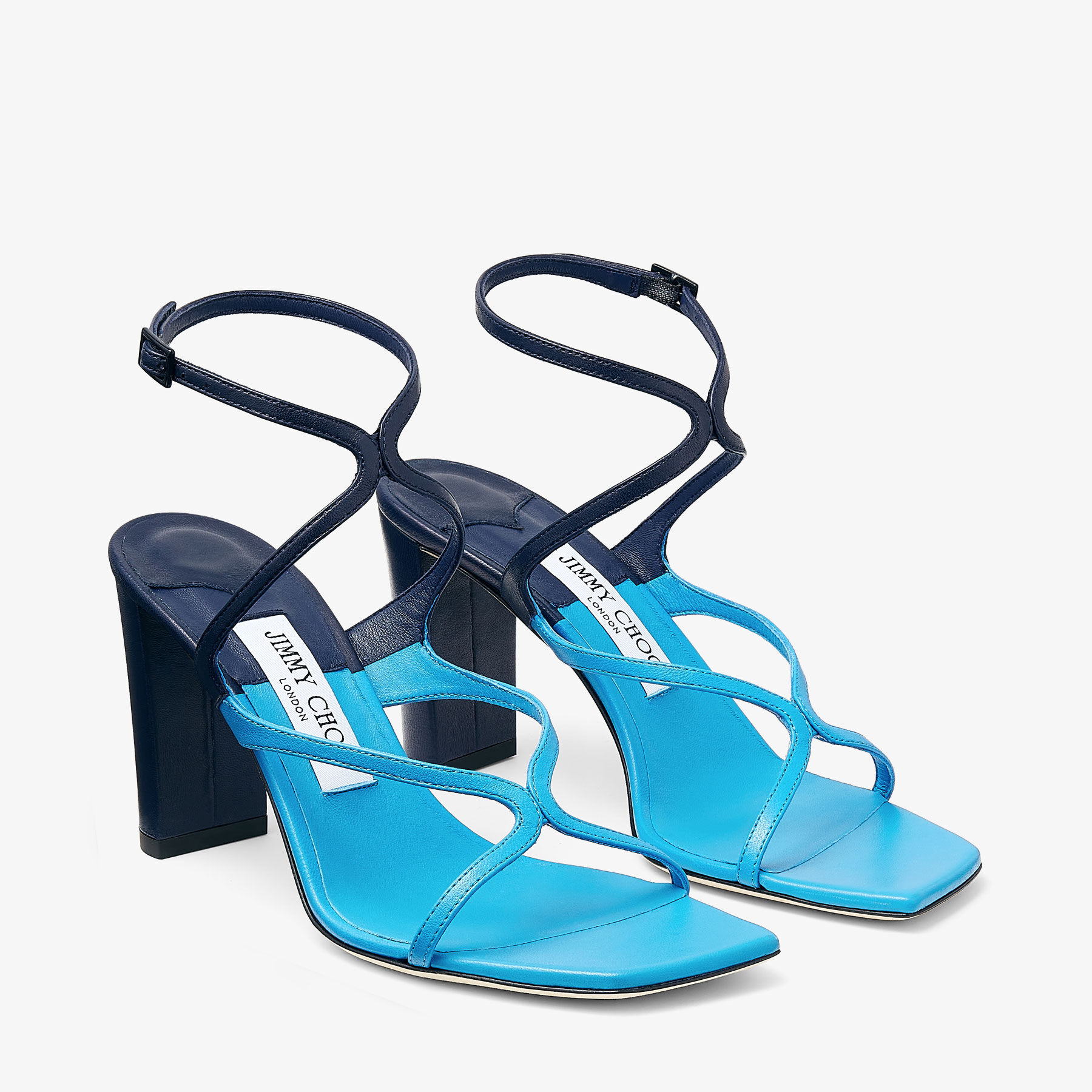 Azie 85 | Sky and Navy Patchwork Nappa Leather Sandals | New 