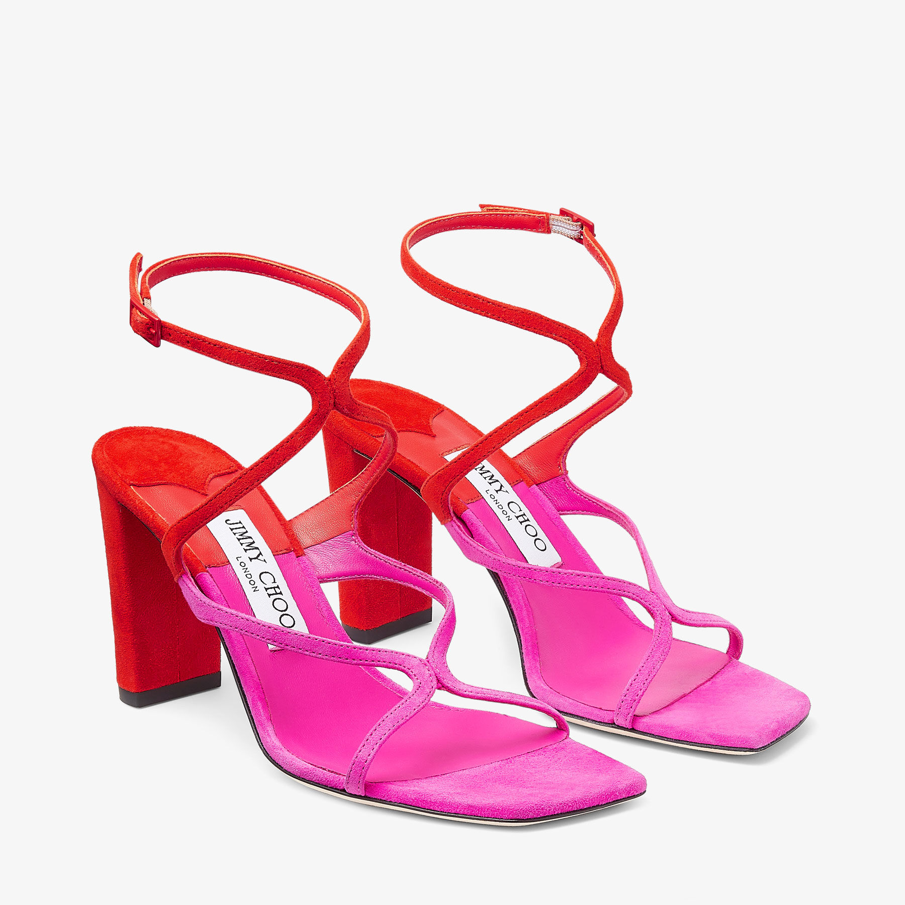 Azie 85 | Fuchsia and Paprika Patchwork Suede Sandals | JIMMY CHOO