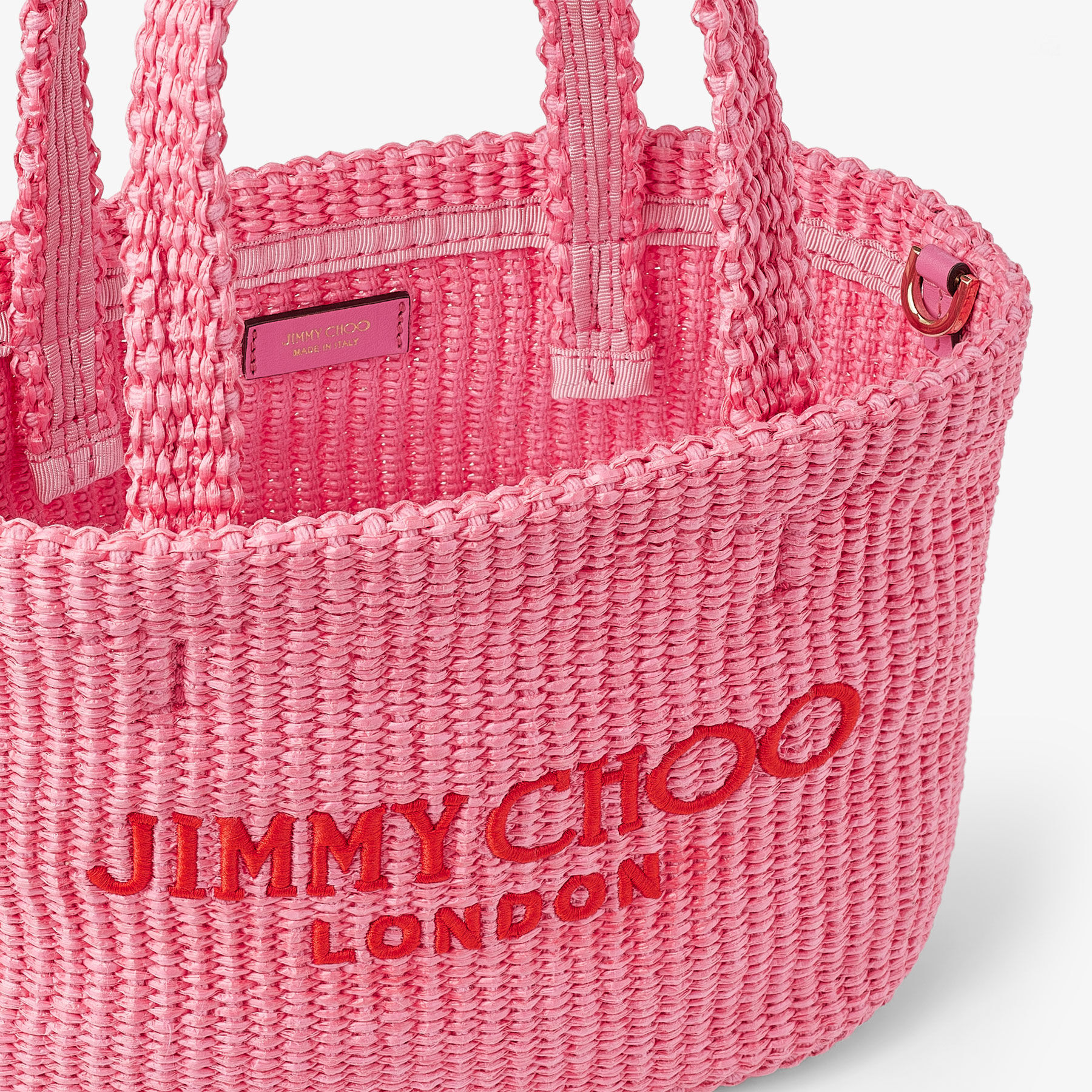 Beach Tote E/W Mini | Candy Pink Raffia Embroidered Mini Tote Bag | JIMMY  CHOO