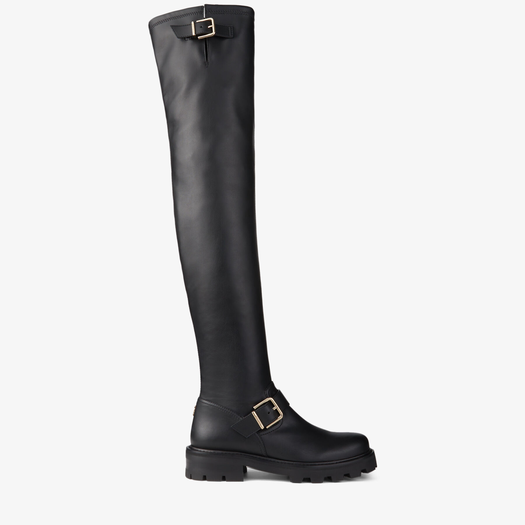 Black Stretch Bonded Fabric Knee-High Biker Boots | BIKER II OTK FLAT ...