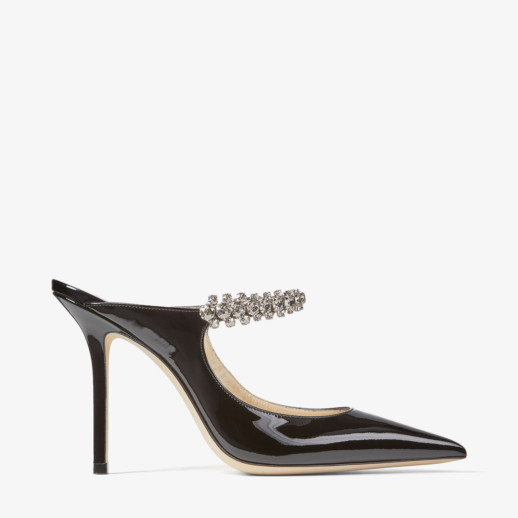 Bing 100, Black Patent Leather Mules with Crystal Strap