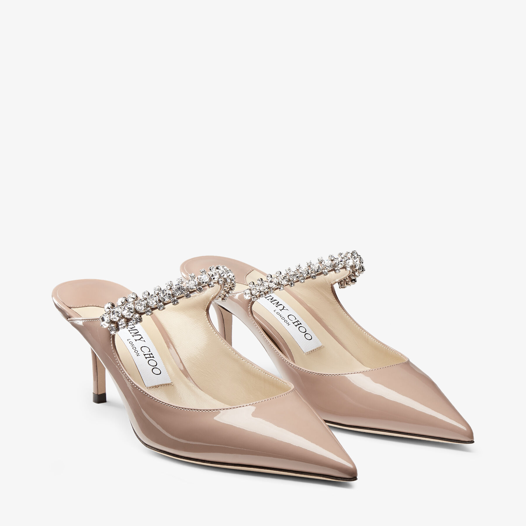 Bing 65 | Ballet Pink Patent Leather Mules with Crystal Strap | JIMMY CHOO