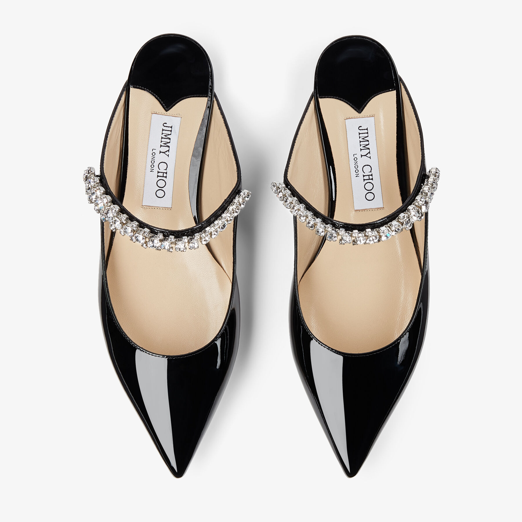 Bing Flat | Black Patent Leather Mules with Crystal Strap | JIMMY CHOO