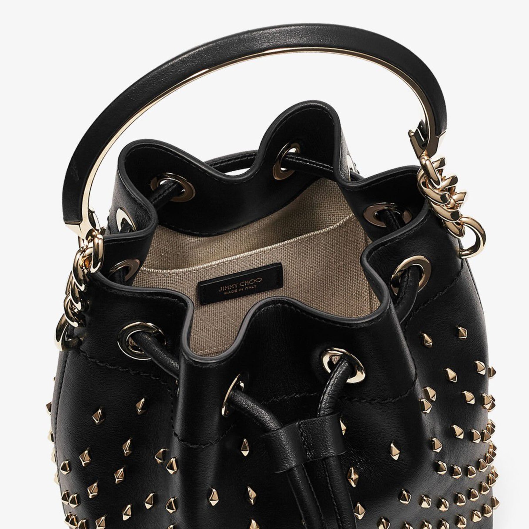 Bon Bon Bucket/S | Black Smooth Calf Leather Bucket Bag with Studs 