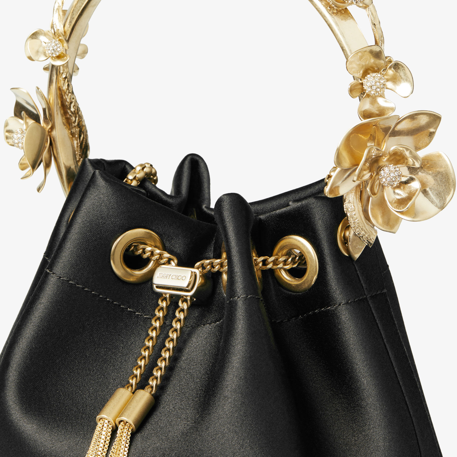 Bon Bon | Black Satin Bucket Bag with Metal Flowers | JIMMY CHOO