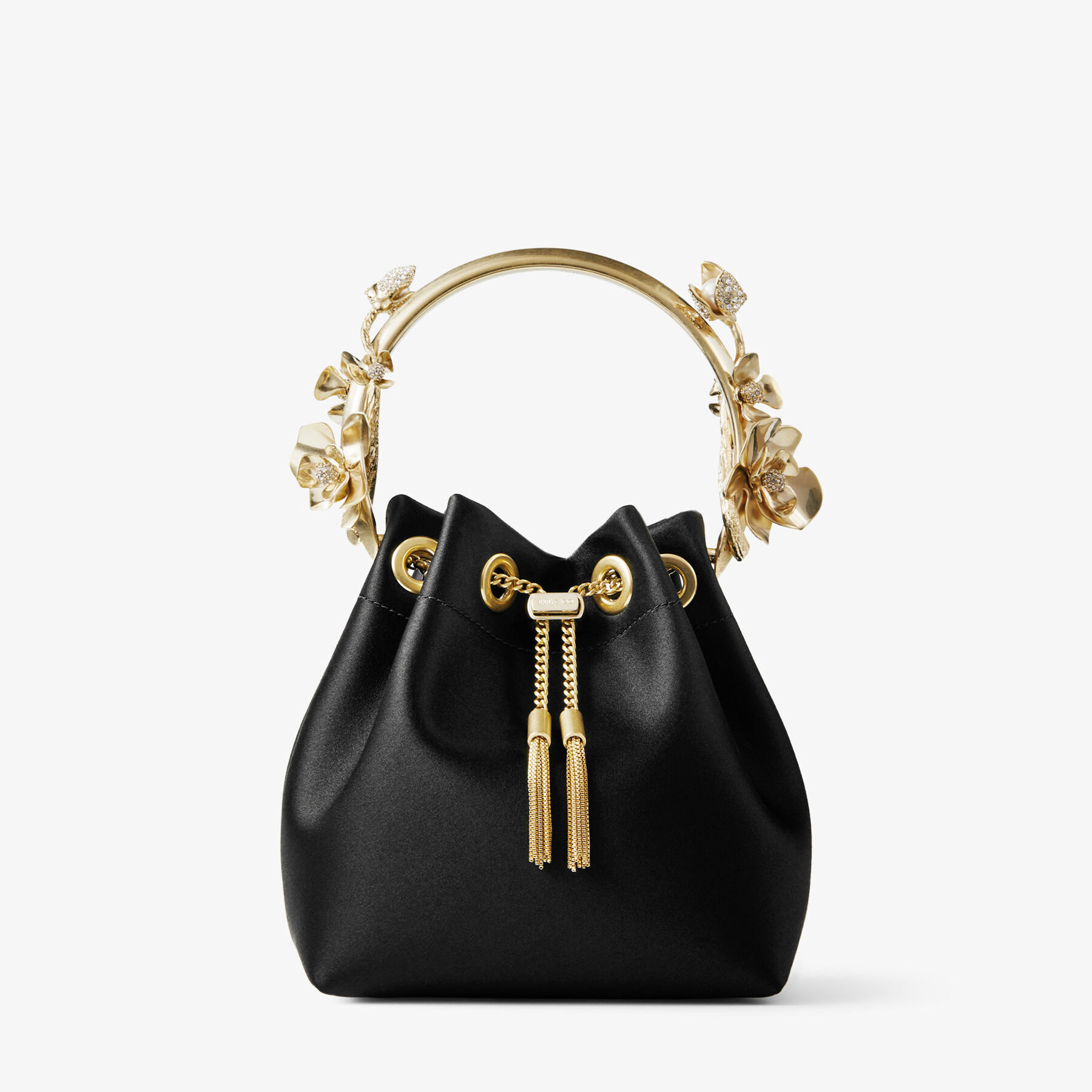 Bon Bon | Black Satin Bucket Bag with Metal Flowers | JIMMY CHOO