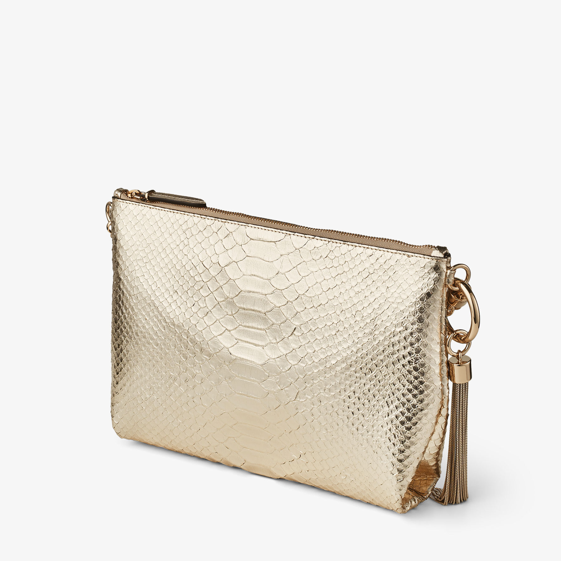 CALLIE Champagne Metallic Snake Printed Leather Clutch Bag New Collection JIMMY CHOO CA